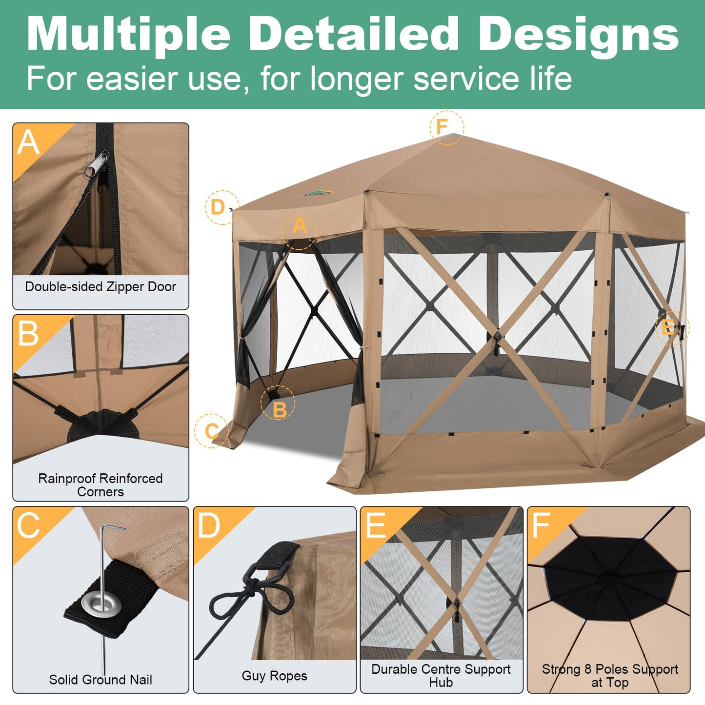 COBIZI 15x15 FT Pop Up Gazebo - Canopy Tent, Large Gazebos On Clearance, Hot tub Screened in Gazebo,carpas para Patio,Portable Screen Tents for 12-15 Persons Outdoor Camping, Backyard, Khaki