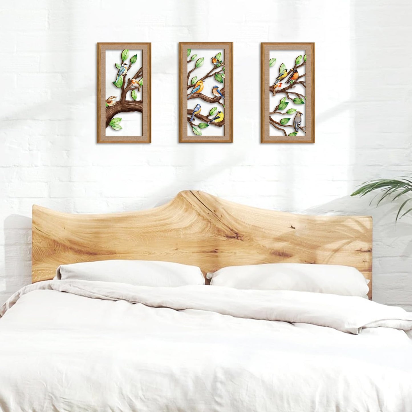 Ausril 3 Pcs Birds Tree Branch Wall Decor,Nature Tree of Life Wall Art,Green Leaves with Bird Wall Art,Branch Birds Silhouette Sculpture,Spring Tree Sign Wood Framed for Home Living Room Bedroom