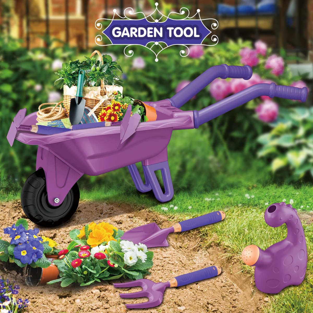Losbenco 15 PCS Kids Gardening Tool Set for Girls Boys, Toddler Gardening Tools Set with Wheelbarrow, Flower Pot, Storage Bag, Rake, Fork, Shovel, Apron, Outdoor Garden Tool Play Set for Kids