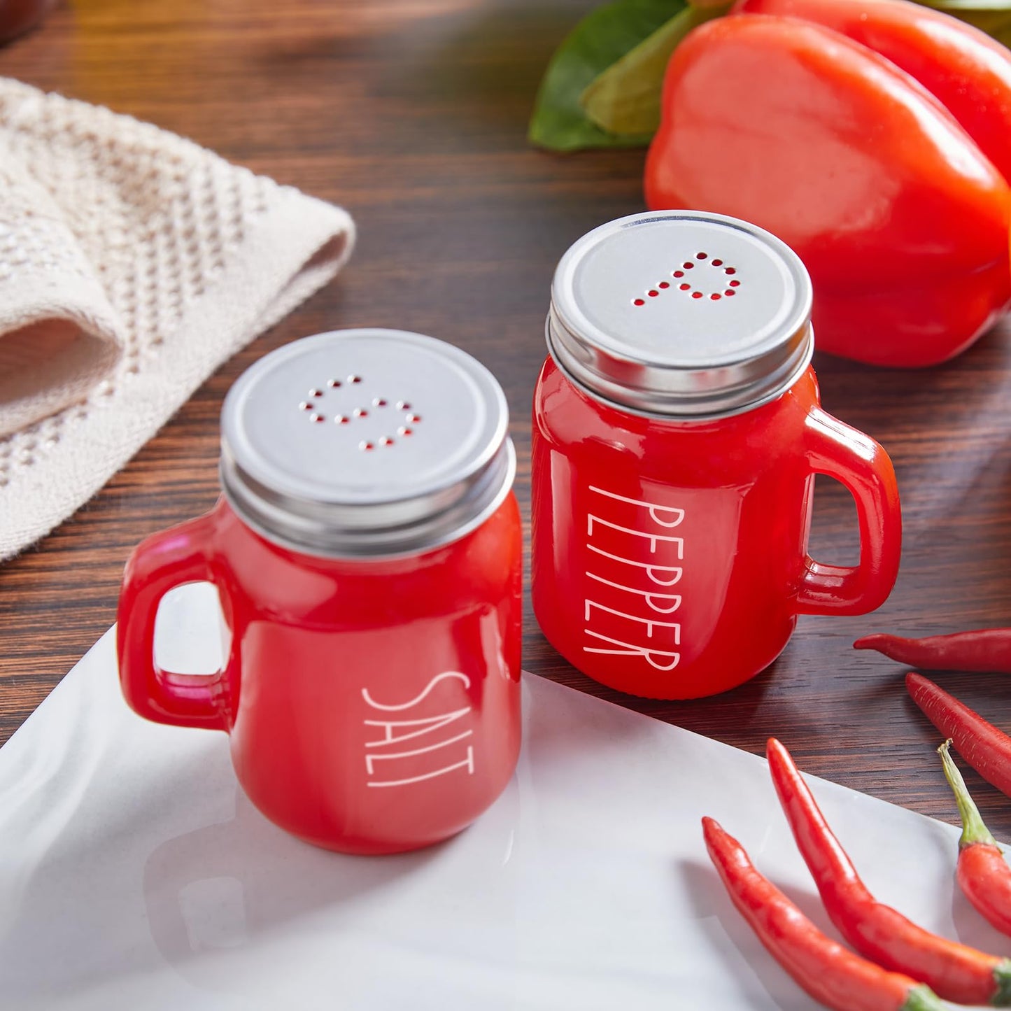Red Salt and Pepper Shakers Set, ZOSUJO 4 oz Cute Modern Glass Christmas Red Shaker Sets with Stainless Steel Lids, Red Kitchen Decor and Accessories for Home Restaurants Weddings