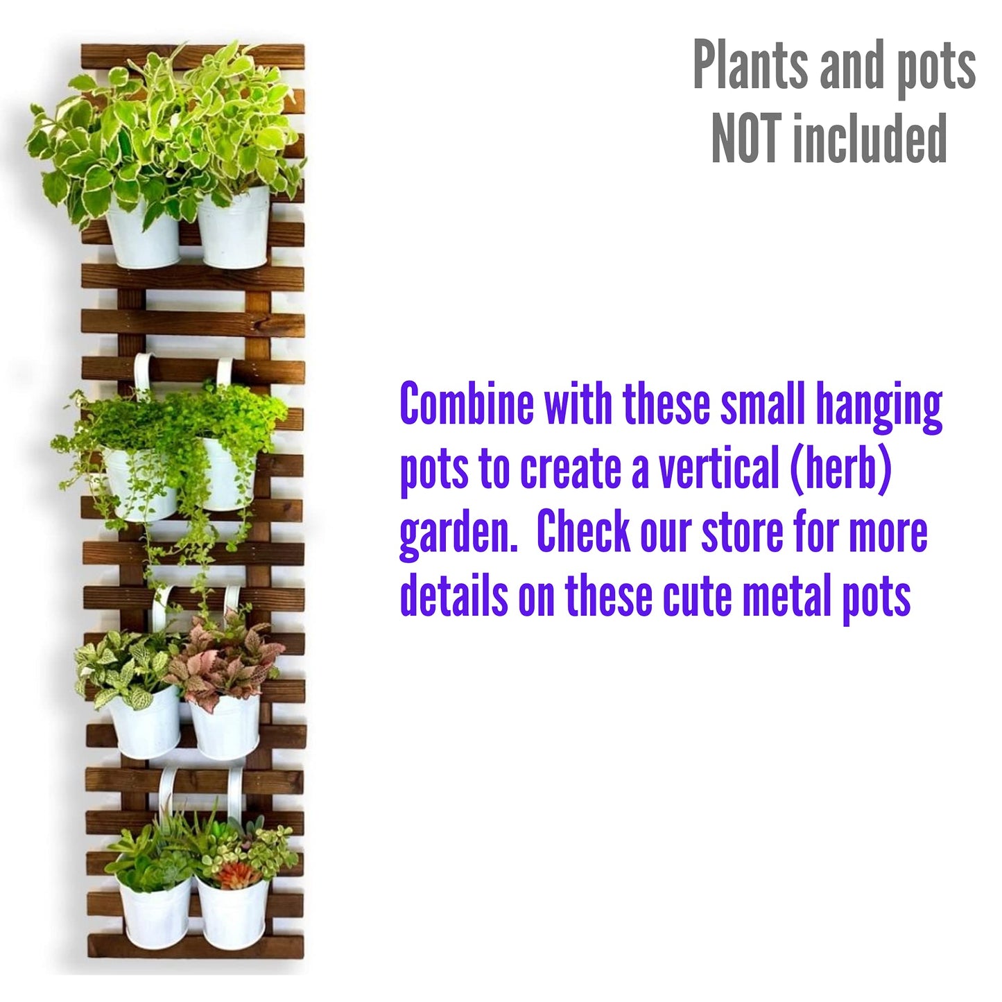 ShopLaLa Bundle - 6" Pot + Wooden Plant Holder, White Large Metal Flower Pot, Vertica Hanging Planters for Indoor Plants, Wall Mounted Plant Stand Ladder Outdoor Display Garden, Wooden Trellis Plants