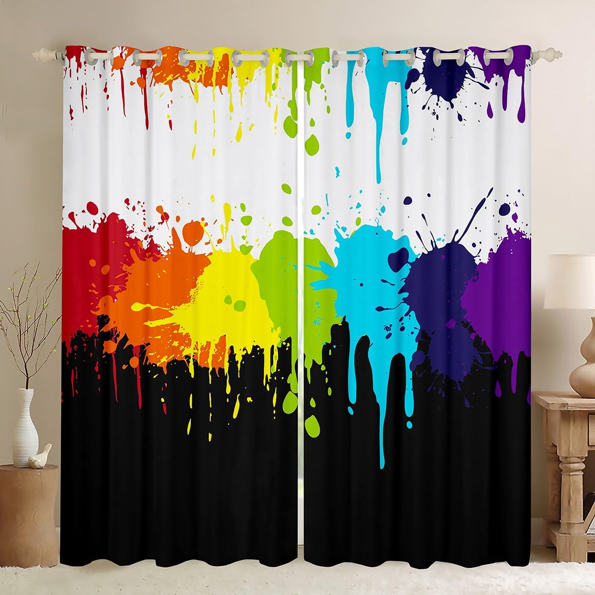 Erosebridal Rainbow Tie Dye Blackout Curtains 76Wx45L,Colorful Splash Paint Window Curtains Home Dorm Room Multicolor Grafitti Curtains Luxury,Modern Abstract Window Drapes Black White
