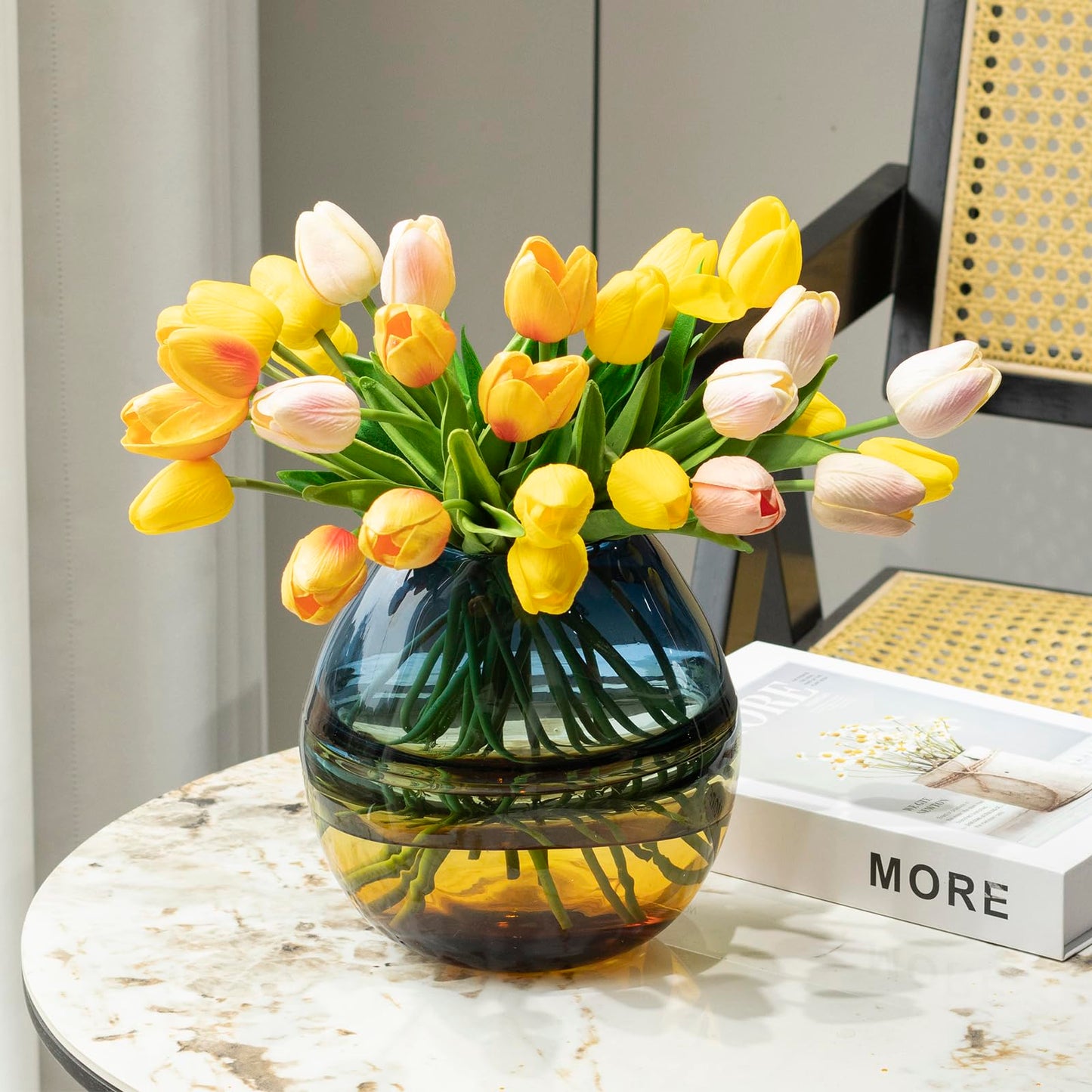 Glass Handmade Decorative Vase Ombre Centerpiece Vase with Yellow Base, Flower Vase for Home Decoration (Low vase)