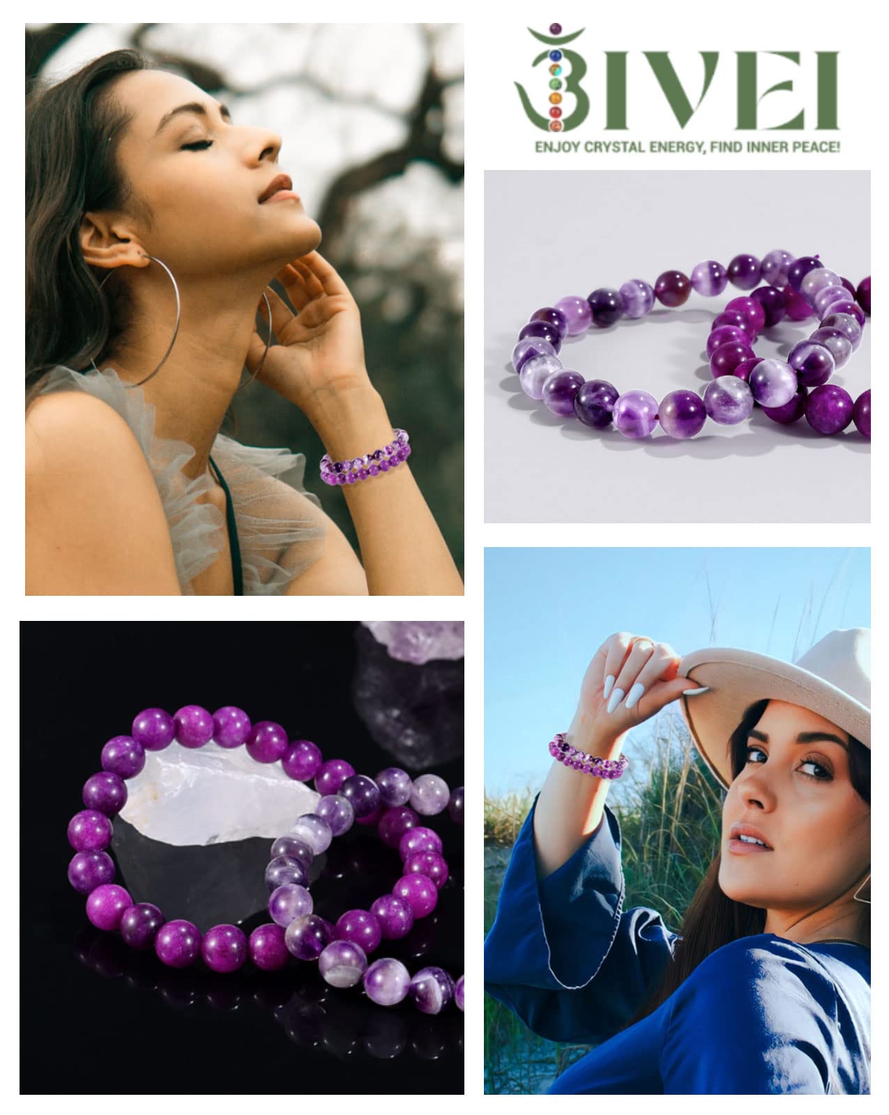 Bivei Natural Gemstone Semi Precious Crystals Handmade Stretchy Round Beads Bracelet, Enhance Positive Energy,Stocking Stuffers for Women(Dog-Tooth Amethyst & Sugilite (Love & Happiness) Large)