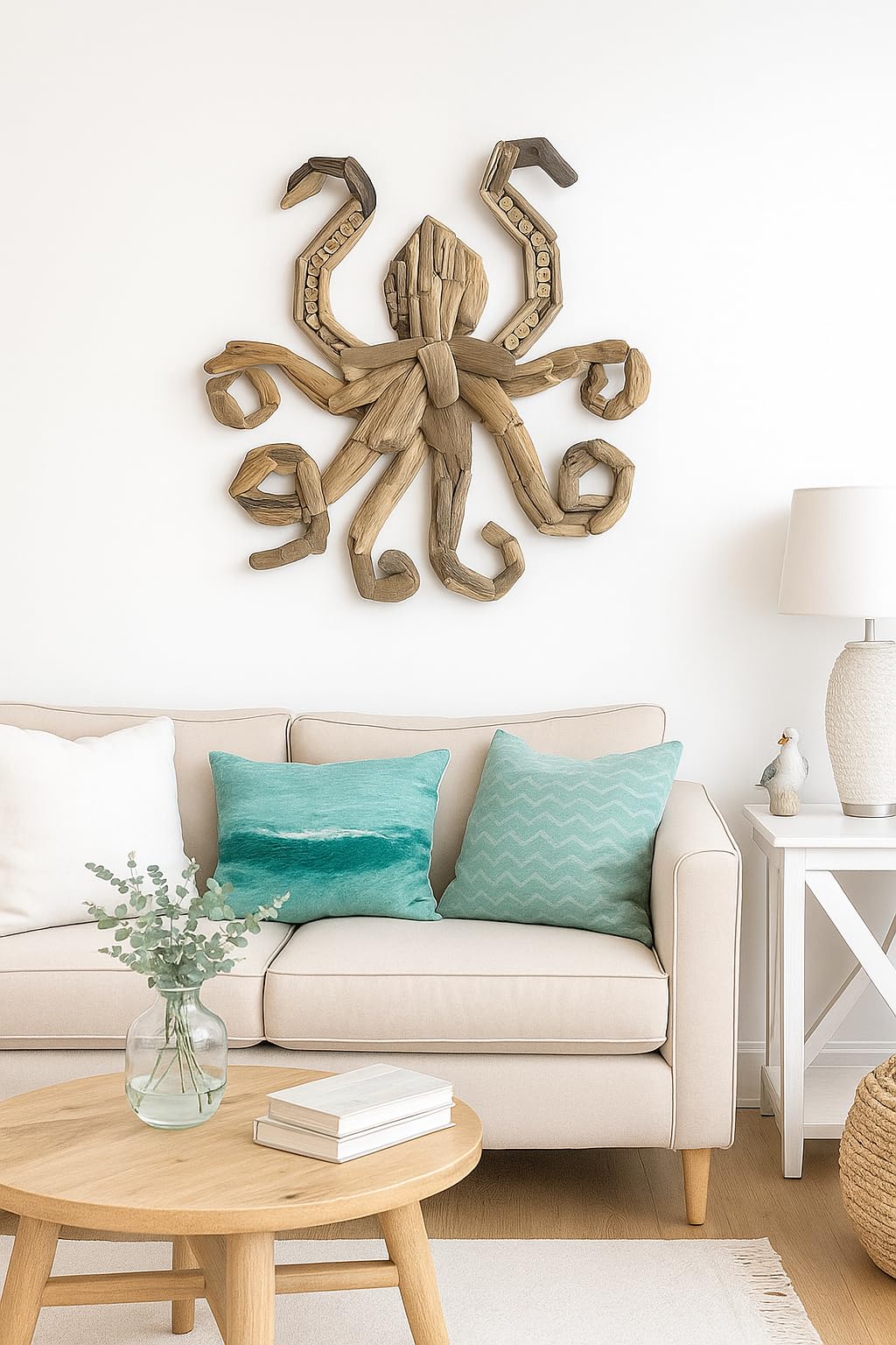 OMA Driftwood Octopus Wall Art – Handcrafted Coastal Beach & Rustic Farmhouse Style Driftwood Wall Decor for Home, Living Room, Bathroom, Beach House – Large Size