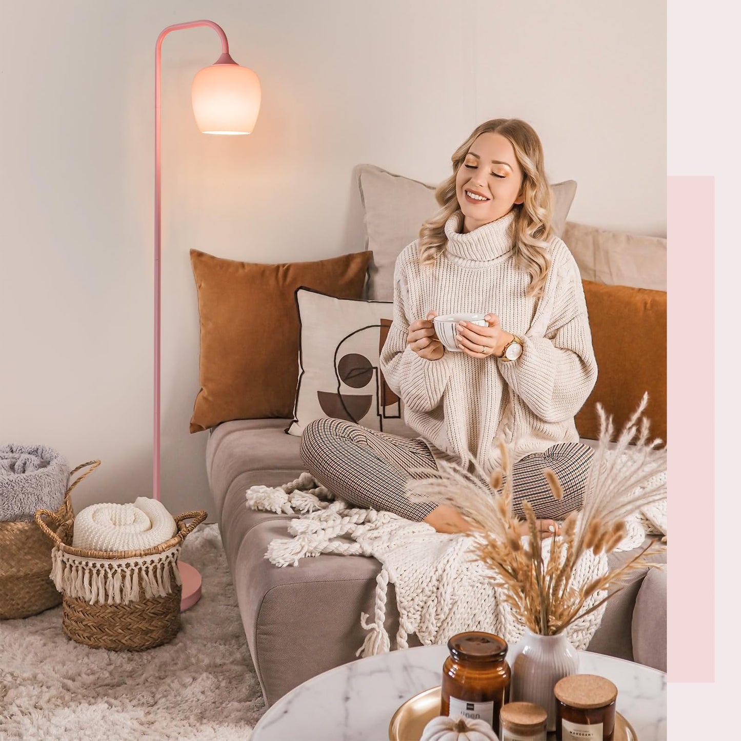 ONEWISH Pink Floor Lamp-Modern Standing Lamp for Living Room Bedroom, Glass Lamp Shade, LED Bulb Included, Cute Simple Design, for Girls Women