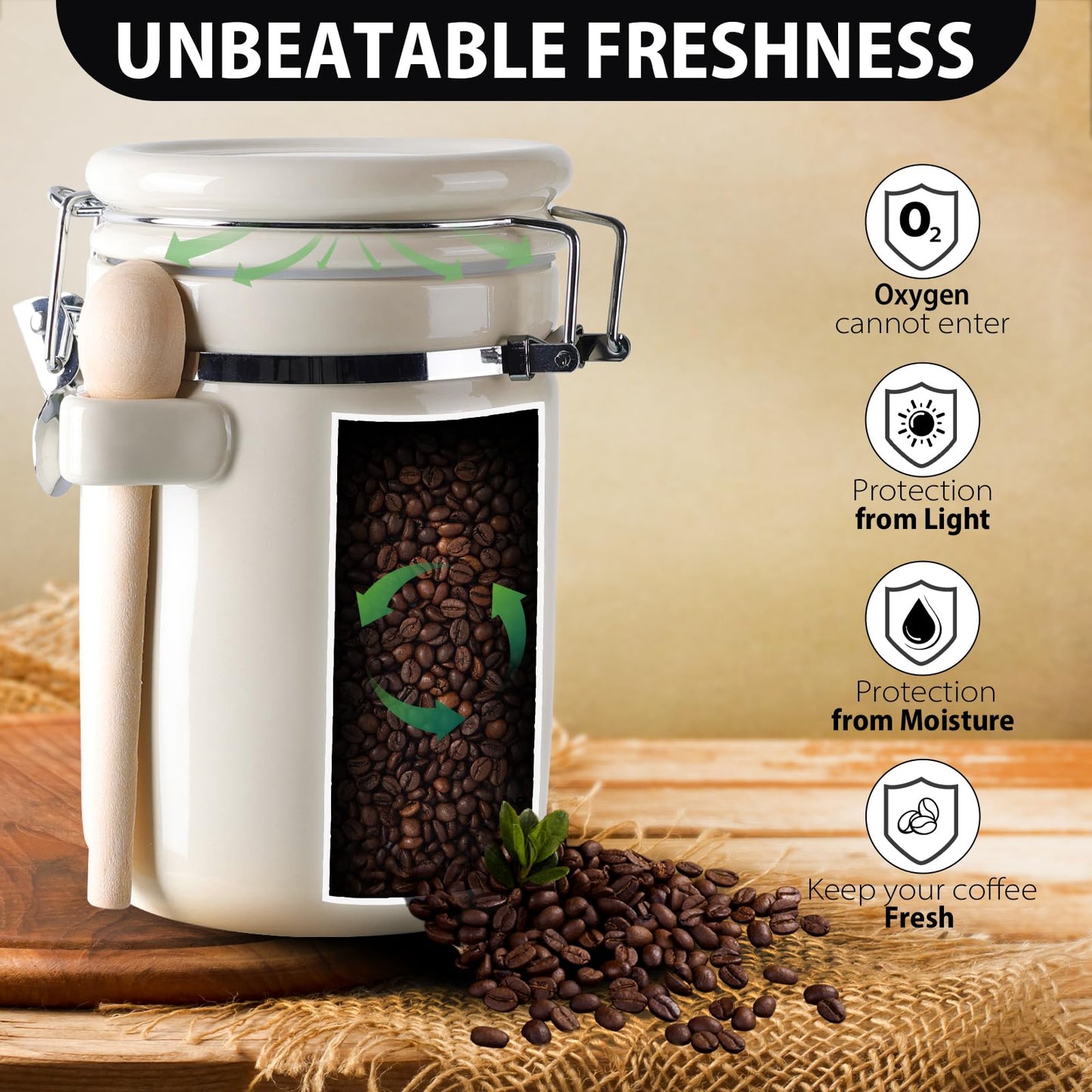 ZEBERBO 4-Piece Airtight Ceramic Canisters Set with Wooden Spoons & Chalk Labels – Perfect for Coffee, Sugar, Flour, Tea (Cream) – Stylish & Leakproof Kitchen Storage