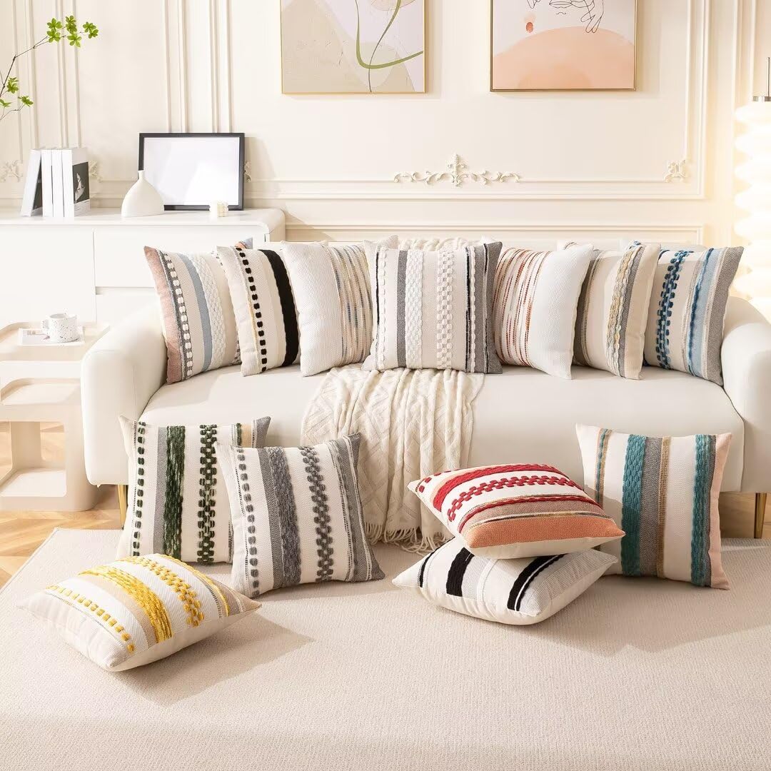 WANLIRD Boho Throw Pillow Covers 18x18 Set of 2 Farmhouse Decorative Cushion Case Striped Square Pillows Cover Chenille Pillow Cases Accent Neutral Pillowcase for Sofa Couch Bed,White