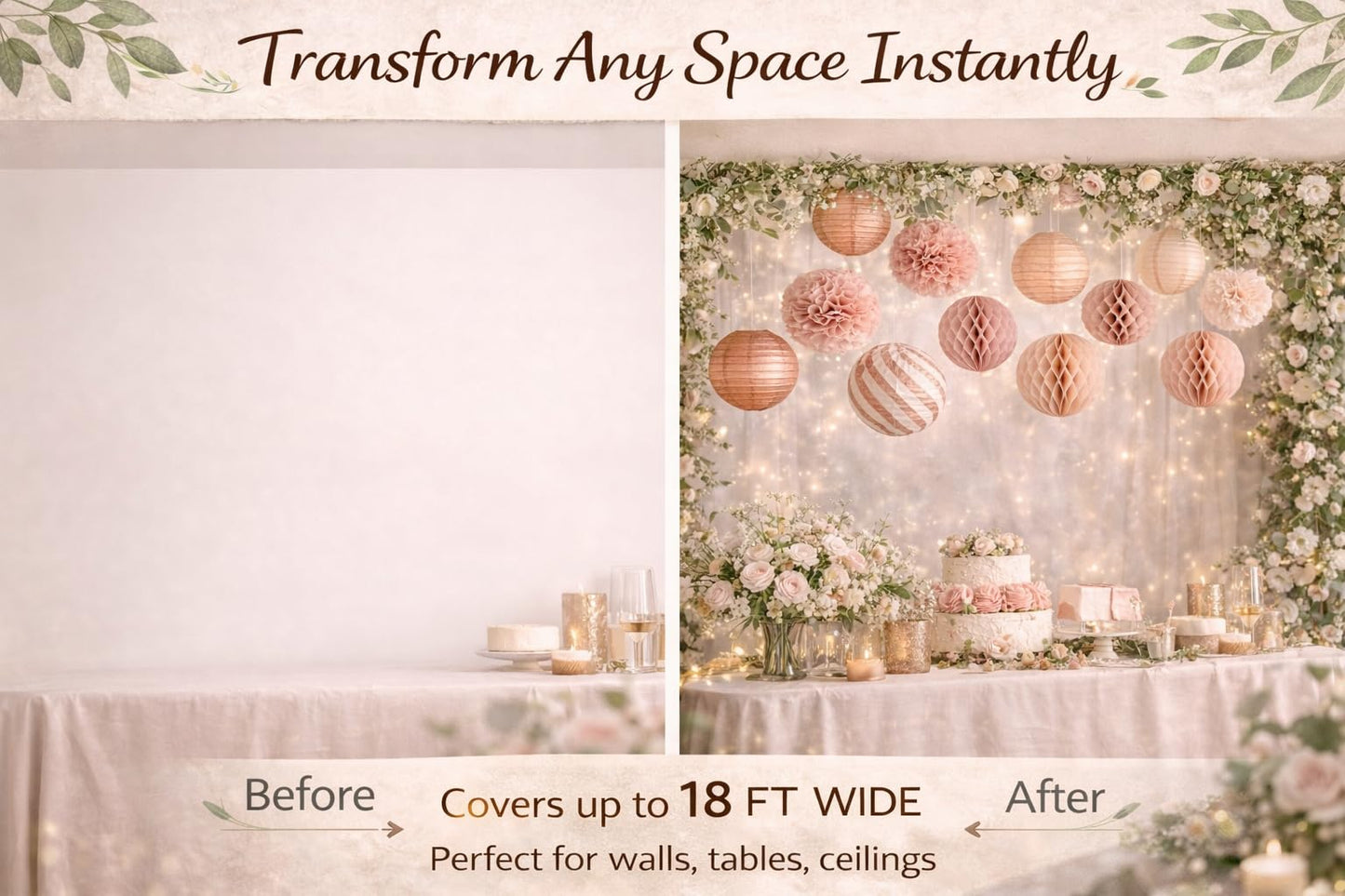Decorative Paper Pom Poms and Lanterns Set, Rose Pink and White, Party Hanging Decor for Celebrations and Events