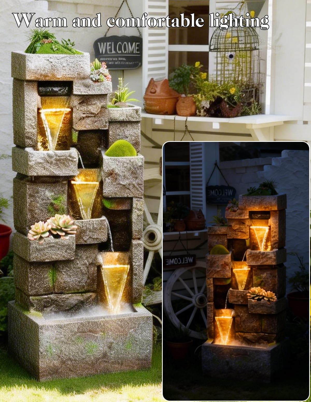 EKRISON 41.7" Outdoor Water Fountains 3 Tier Modern Floor-Standing Fountain with LED Lights and Pump Outdoor Rock Waterfall Fountain for Garden, Yard, Porch, Patio, Home Decor, Yellow