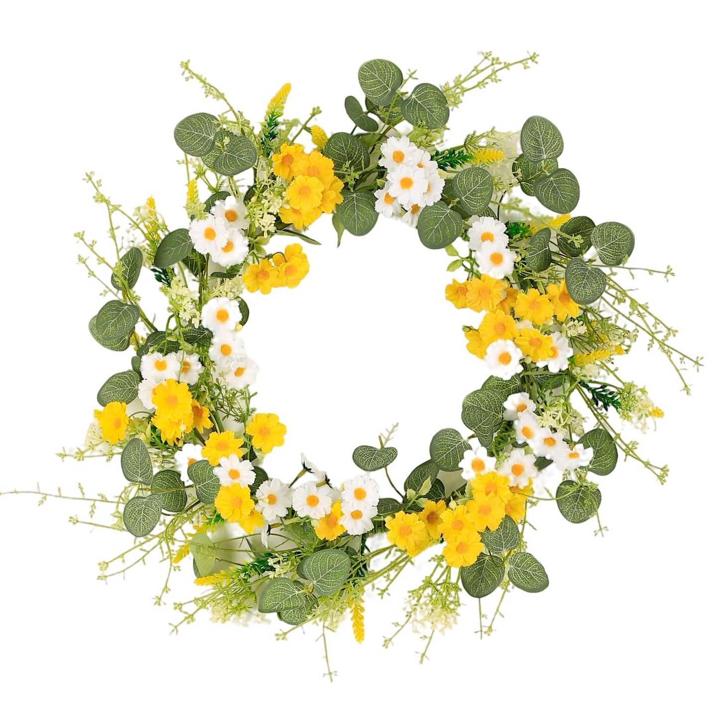 YUGALI 22" Spring Summer Wreath for Front Door Artificial Green Eucalyptus Yellow White Daisy Flower Lavender Sage Handmade Farmhouse Outdoor Indoor Wedding Home Decor