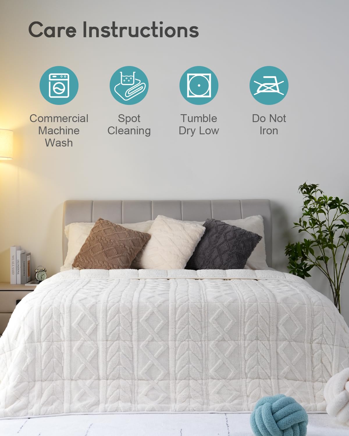 Cottonblue Jacquard Weighted Blanket 15lbs for Adults Queen Size, Ultra Soft Cozy Comfort Sherpa Blanket for Relax and Sleep, Heavy Bed Blankets with Glass Beads, 60x80 Inches, Cream White
