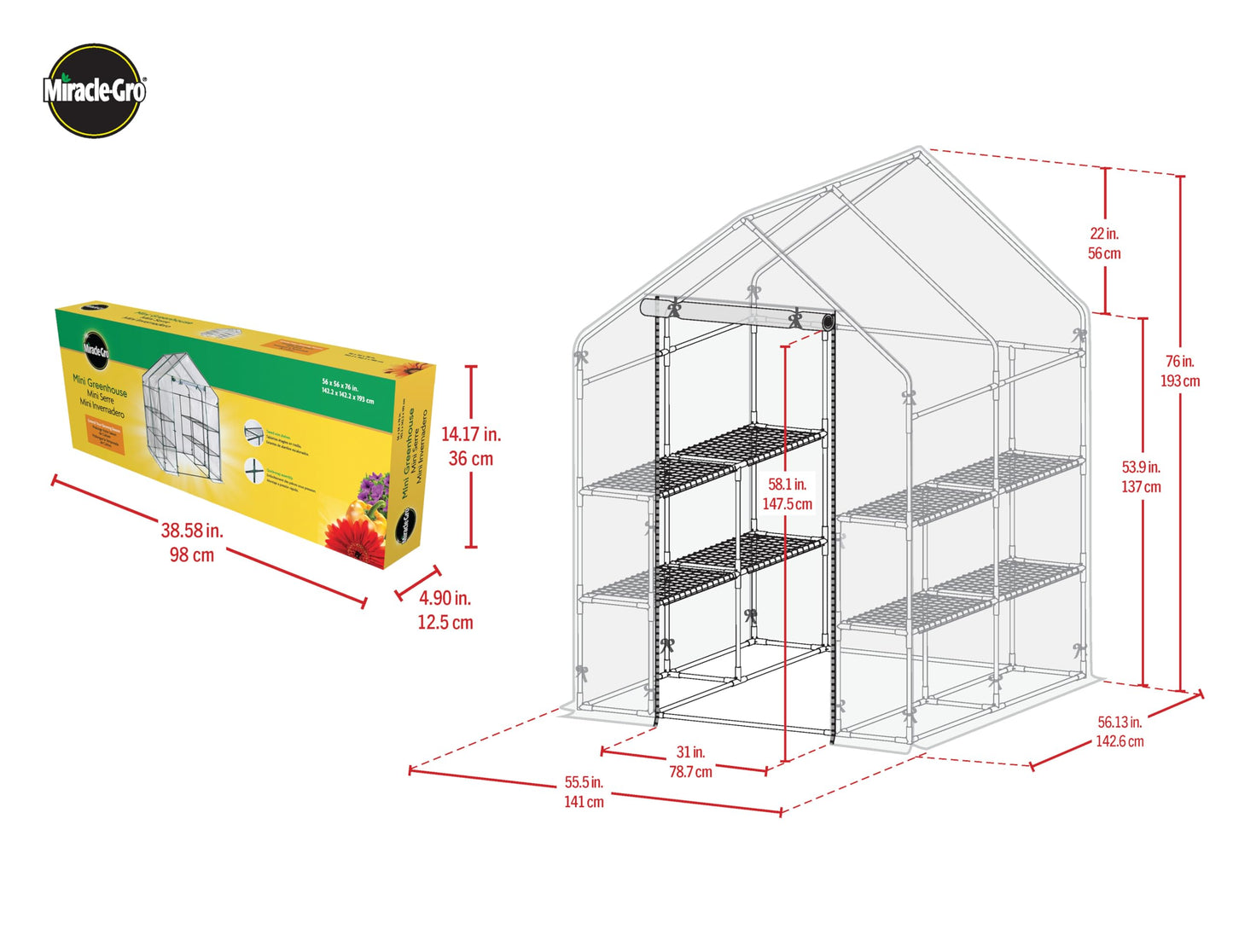 Miracle-GRO 4'8" x 4'8" x 6'5" Outdoor Mini Walk-in Greenhouse Plant Tent, All-Season Small Walk-in Plant Growth Accelerator with 8 Wire Shelves, Clear