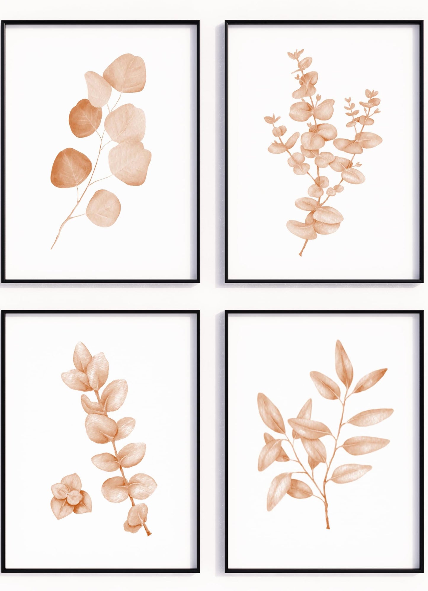 Sepia Eucalyptus Botanical Wall Art - Set of 4 Watercolor Leaf Prints on Linen Embossed Paper - Neutral Beige Coastal Farmhouse Decor - Unframed