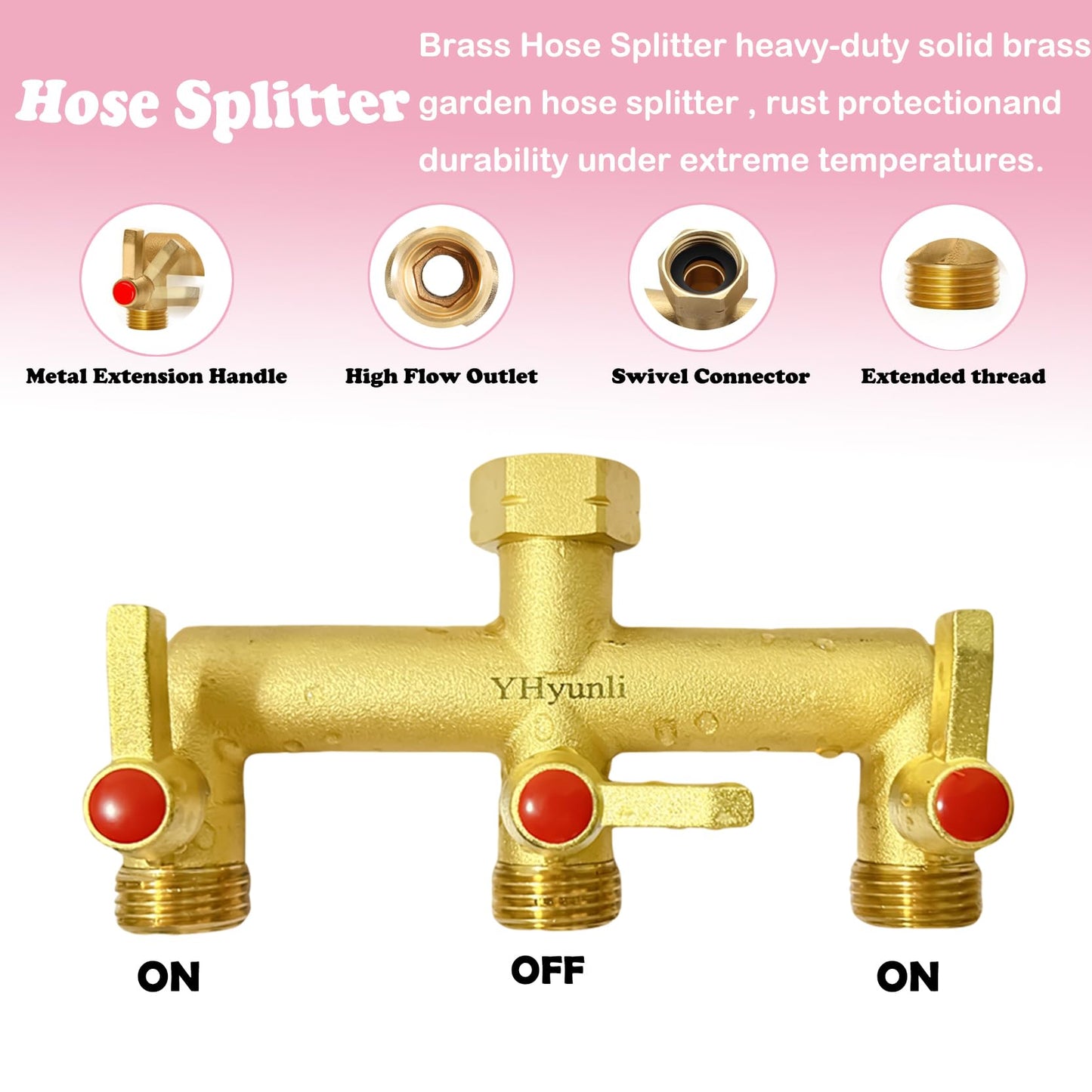 Garden Hose Splitter, 3 Way Hose Splitter, Full Flow 3/4” Rust & Freeze, Outdoor Heavy Duty Brass 3-Way Valve Faucet Adapter, Metal Extended Labor Saving Handle