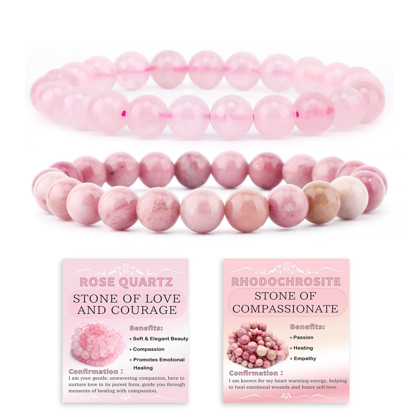 NCB 2-Piece 8mm Natural Crystal Gemstone Stretch Bracelets – ﻿Pink Quartz, Rhodochrosite Handmade Reiki Energy Healing Jewelry for Meditation,Yoga, Unisex
