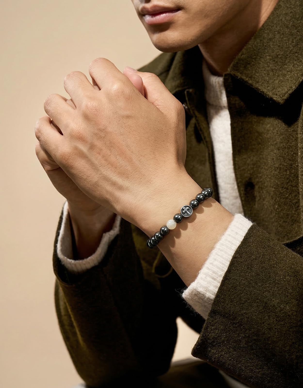 Landorilo Gifts for Men, 8mm Cross Natural Stone Beaded Bracelets, Hematite Healing Bracelet, Handmade Mens Jewelry Gift for Him, Husband, Son, Father, Friend(Happy Birthday-7.5in)