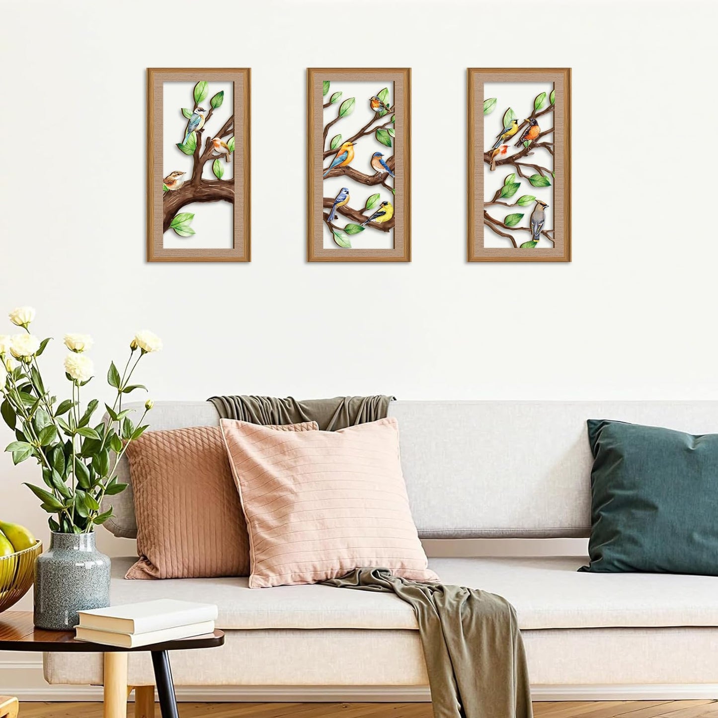 Ausril 3 Pcs Birds Tree Branch Wall Decor,Nature Tree of Life Wall Art,Green Leaves with Bird Wall Art,Branch Birds Silhouette Sculpture,Spring Tree Sign Wood Framed for Home Living Room Bedroom
