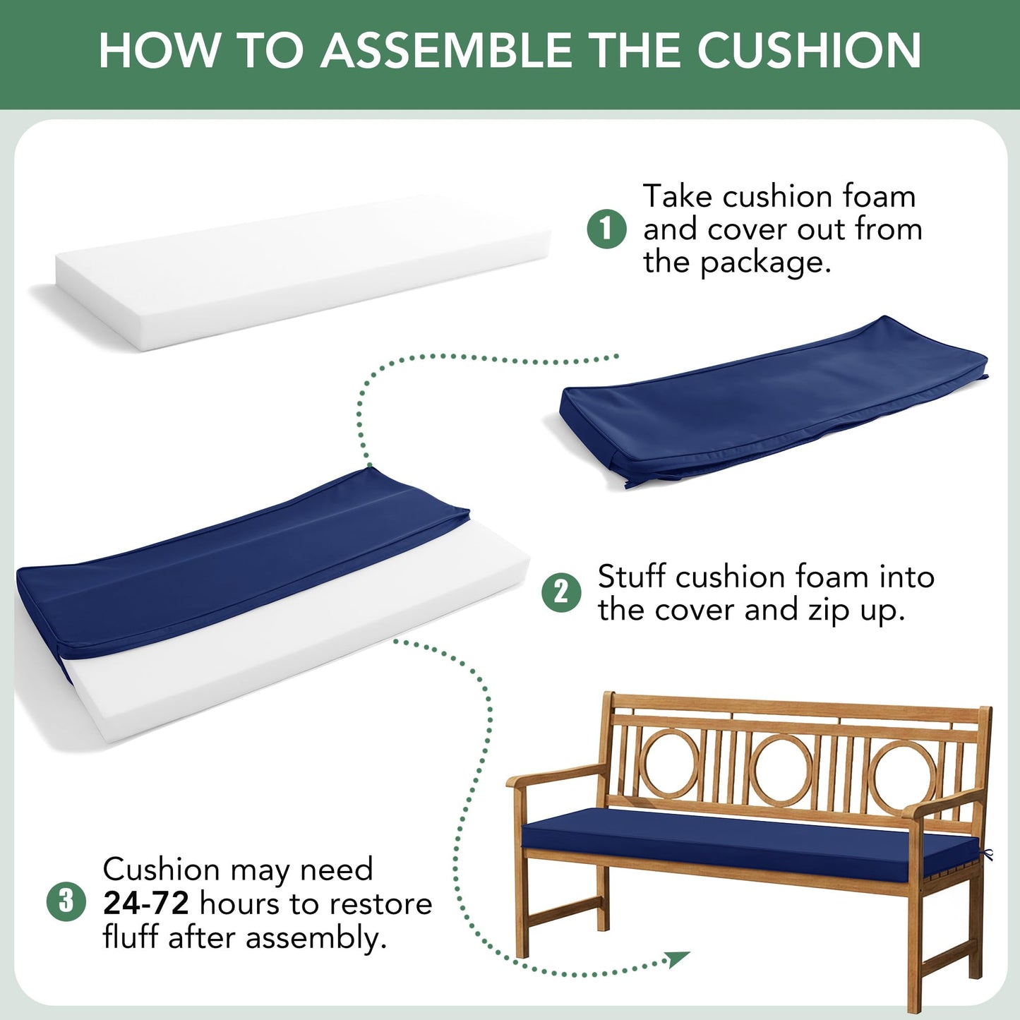 Summsun Outdoor Bench Cushion: Waterproof and Fade Resistant Patio Furniture Cushions - Non-Slip Bench Pad Cushion with Removable Cover for Garden Swing Porch Sofa Settee, 48 x 18 x 3 Inch, Navy Blue