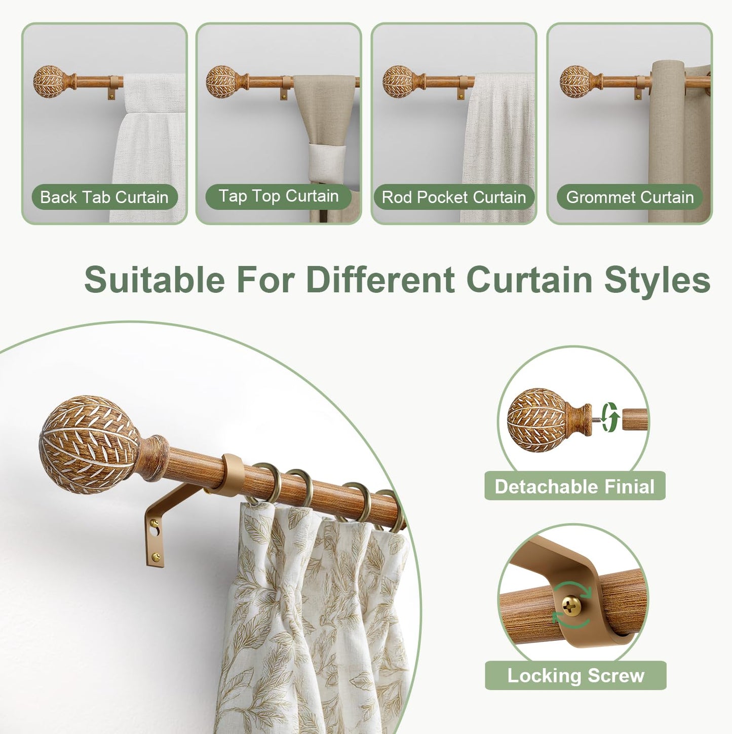 QDWIS Wood Curtain Rods for Windows 48 to 84 Inch,1'' Diameter Drapery Rods with Imitation Wood Grain Leaf Pattern Finials,Boho Adjustable Heavy Duty Curtain Rods Set,36-88'',Color:Natural Wood