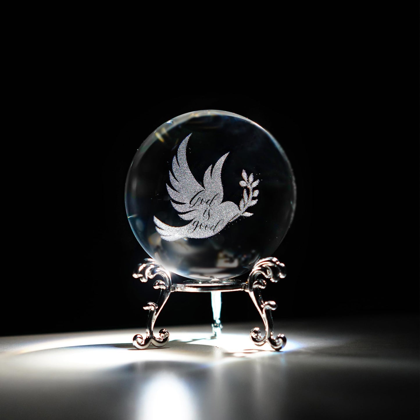 ZEERSHEE 60mm Glass Peace Dove Ball Laser Etched Dove with Olive Branch Crystal Pigeon Ornament with Stand Decor for Home Table