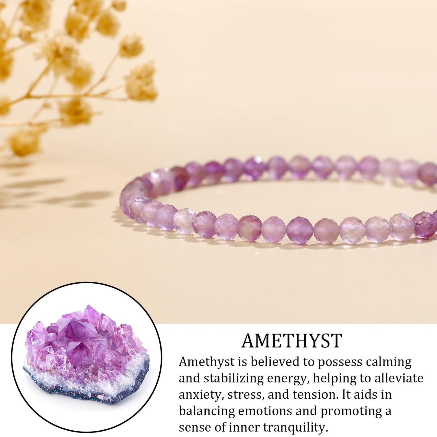 GolbalJew Natural Gemstone Beads Bracelets Healing Crystal Stone Beaded Bracelet for Women Men Handmade Spiritual Jewelry Gifts, 4mm Amethyst Faceted Round Beads