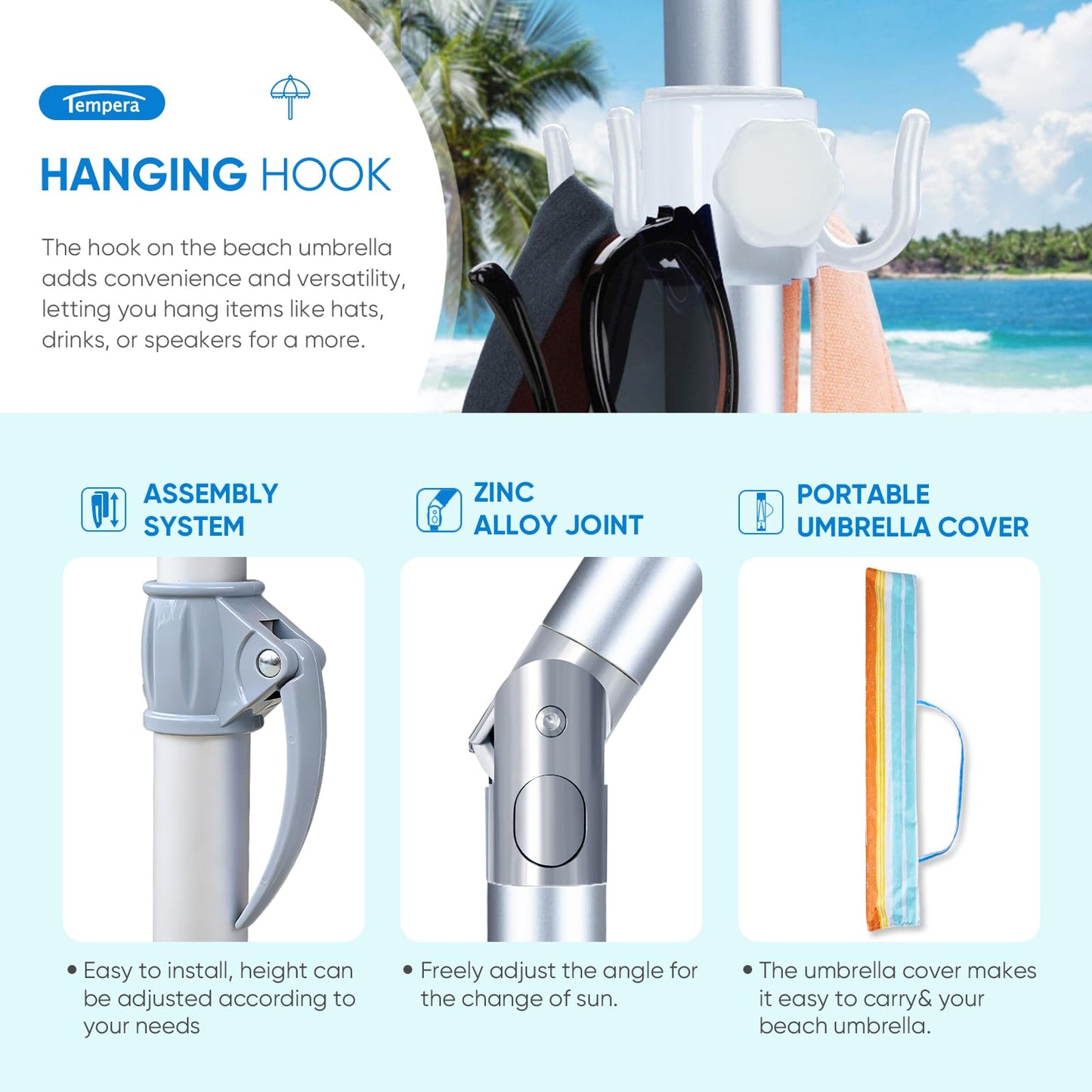 Tempera Heavy Duty High Wind Beach Umbrella with Sand Anchor & Carry Bag|Patio Outdoor Umbrella with Aluminum Frame and Push Button Tilt, Ideal for Travel Garden Lawn, UPF 60+,Stripes