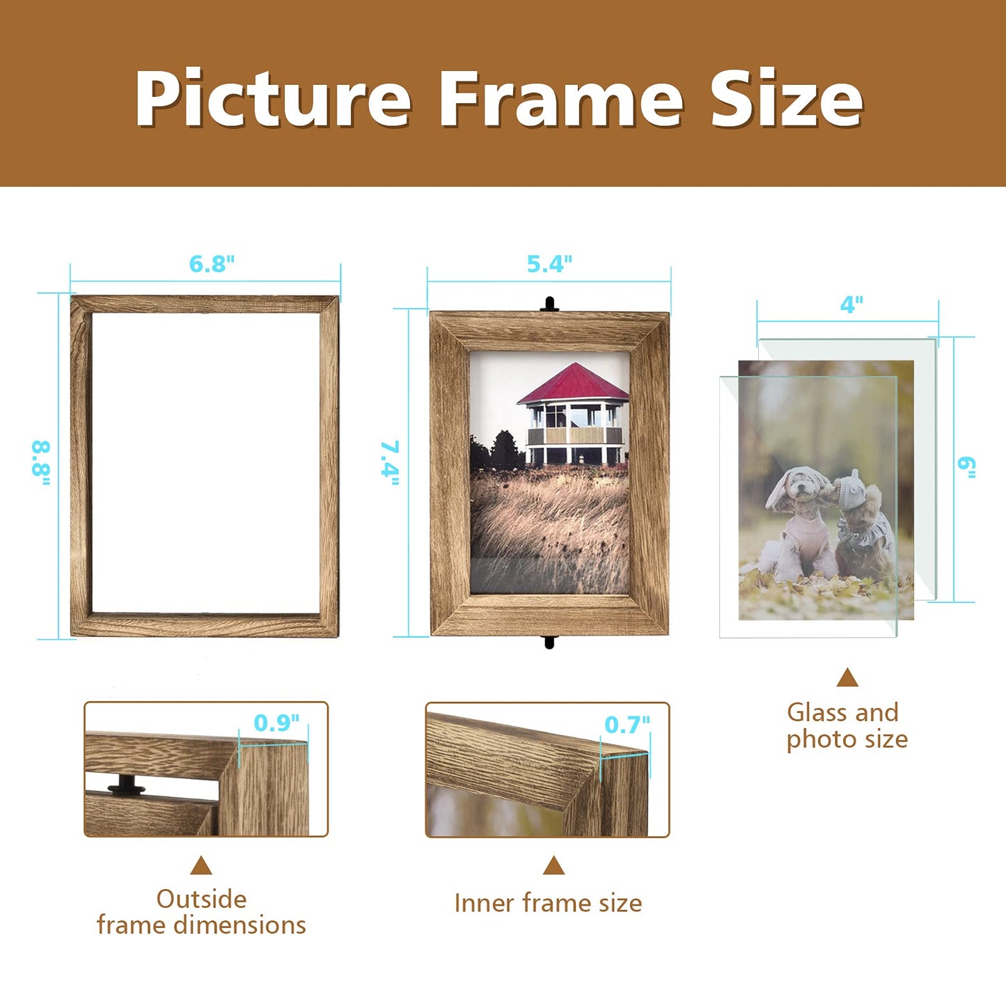 Emfogo 4x6 Picture Frame Rustic Wood Hinged Folding Triple Picture Frames Collage, Double-Sided Display Rotatable High Definition Glass Photo Frame for Home TableTop(Carbonized Black)