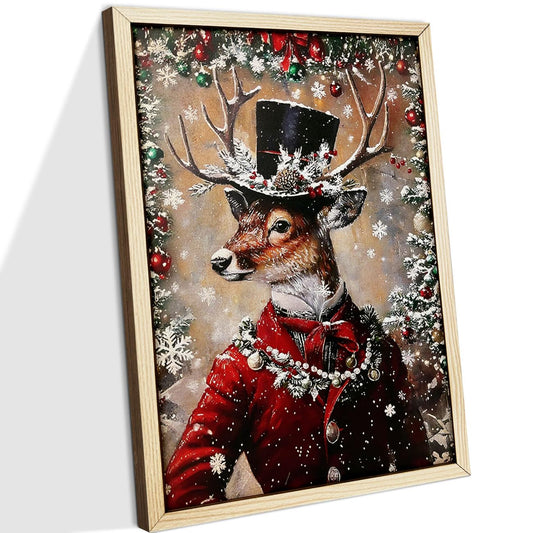 Vintage Christmas Wall Art Prints Reindeer Snowflake Wooden Framed Wall Decor Rustic Xmas Elk Pictures Snowy Winter Forest Artwork Christmas Decorations for Farmhouse Home Living Room Bedroom