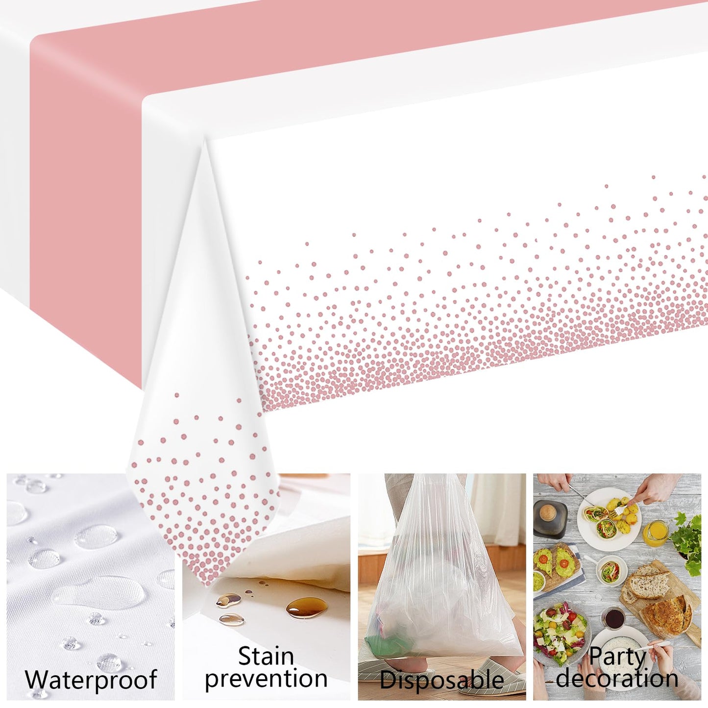 ZHOMA 6 Pack Rectangle Plastic Dot Tablecloth Set, 54 X 108 Inch Plastic Table Cover, 12 x 108 Inch Satin Table Runners for Wedding Graduation Birthday New Year Party Decorations (White, Rose Gold)