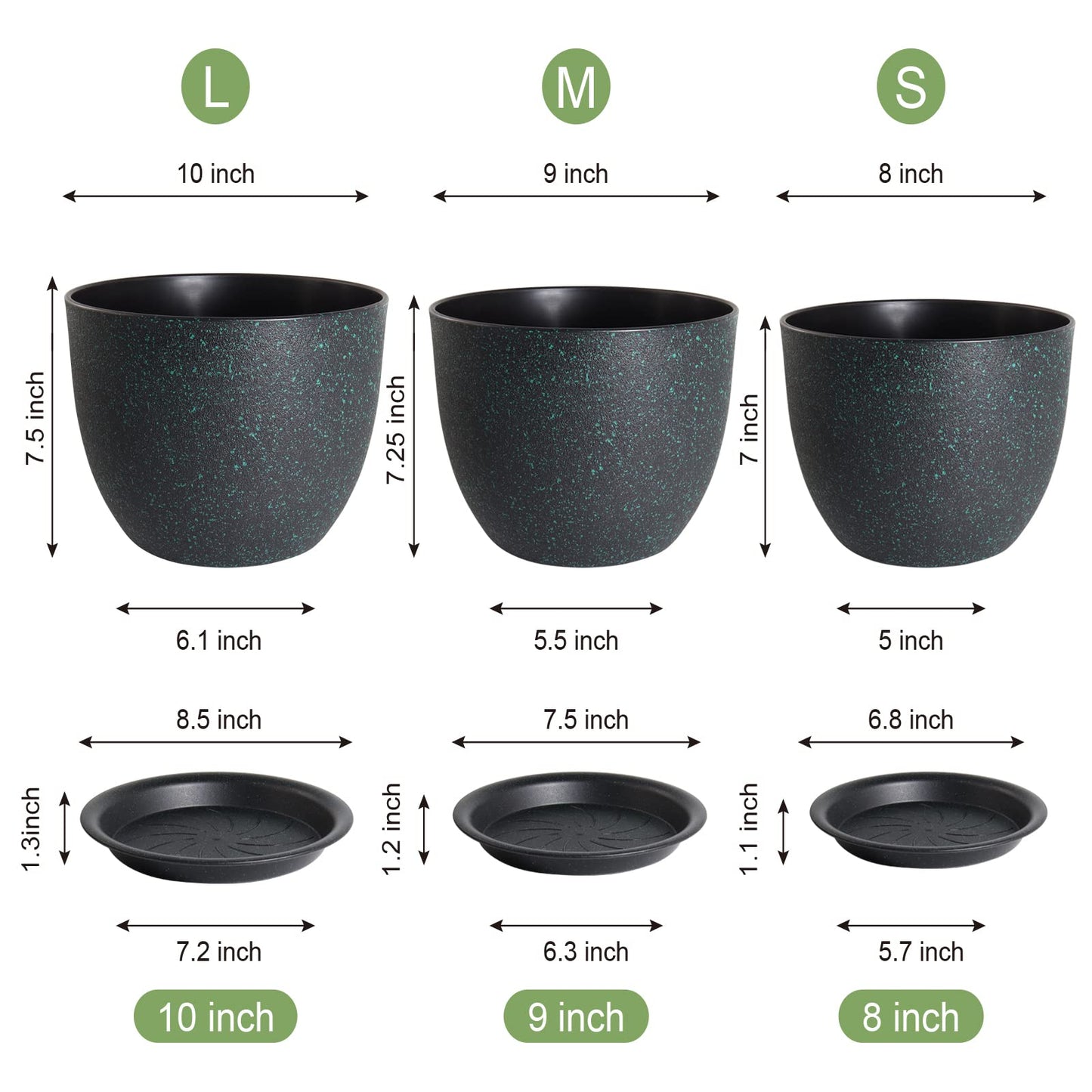 WOUSIWER Plant Pots 10/9/8 inch, Set of 3 Modern Decorative Plastic Planters with Drainage Holes and Saucers for House Plants Indoor Flowers Plants, Black with Green Speckles