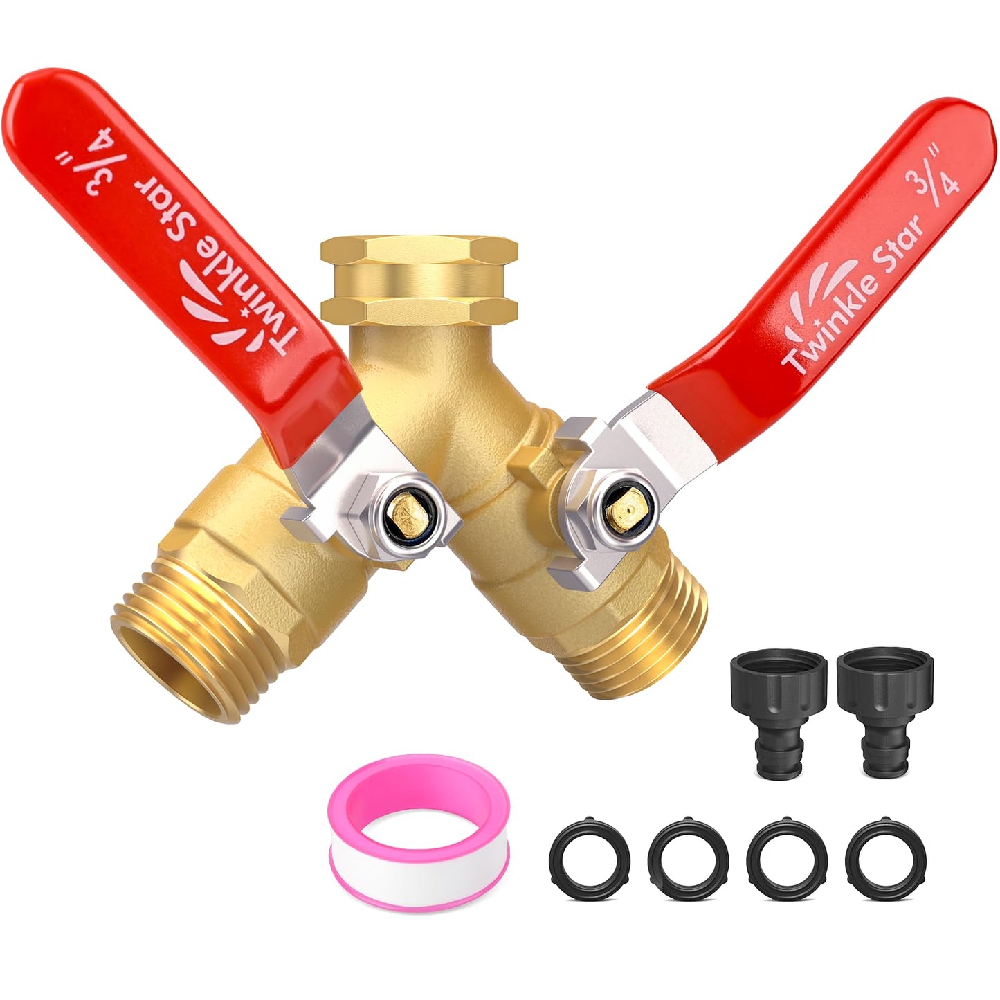 Hose Splitter 2 Way, Twinke Star Upgraded Heavy Duty Brass Garden Hose Splitter with Long Handle,3/4 Inch GHT Thread Y Connector Brass Garden Hose Adapter