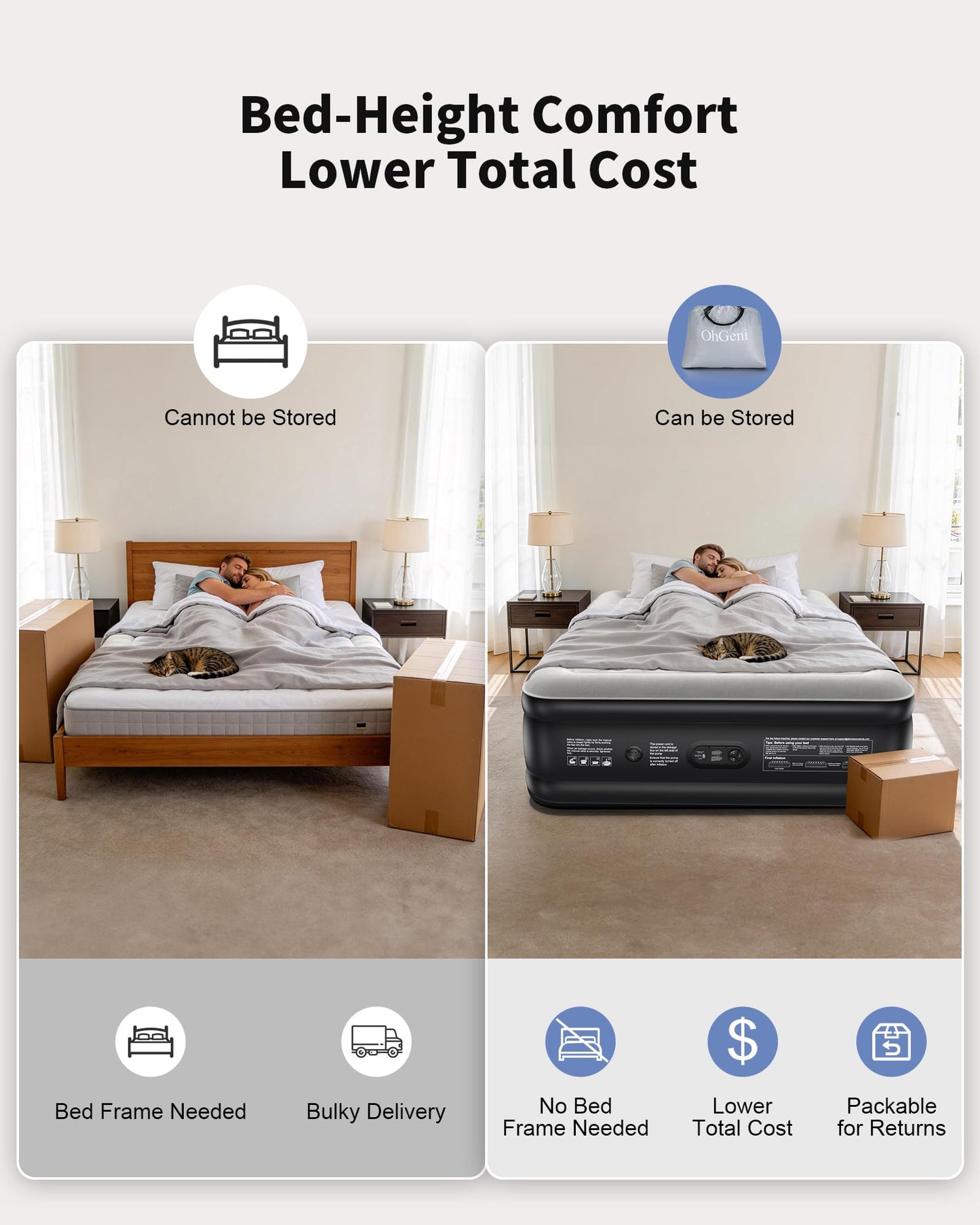 OhGeni Queen Air Mattress with Built in Pump, Ideal Alternative to a Bed, Inflatable Blow Up Mattress 18 Raised Comfort, Portable Bed for Home, Camping, Colchone Inflable, Gift for Mom, 1-Pack Only