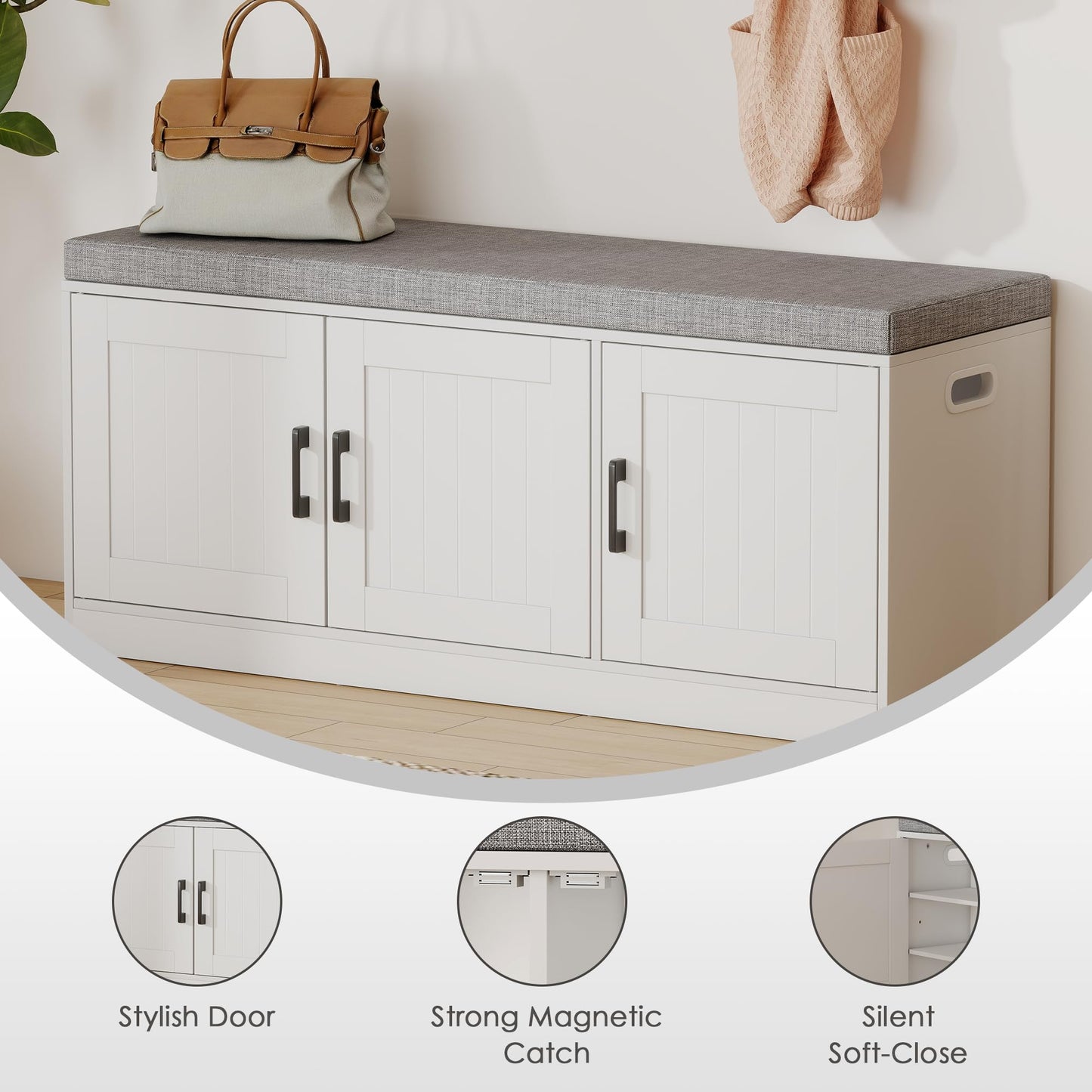 Suuiwau 3-Tier Shoe Storage Bench with Adjustable Shelf, Large Capacity Entryway Shoe Bench with Thickened Padded Seat Cushion and 3 Doors for Entry, Bedroom, Hallway (White,42.5 * 14in)