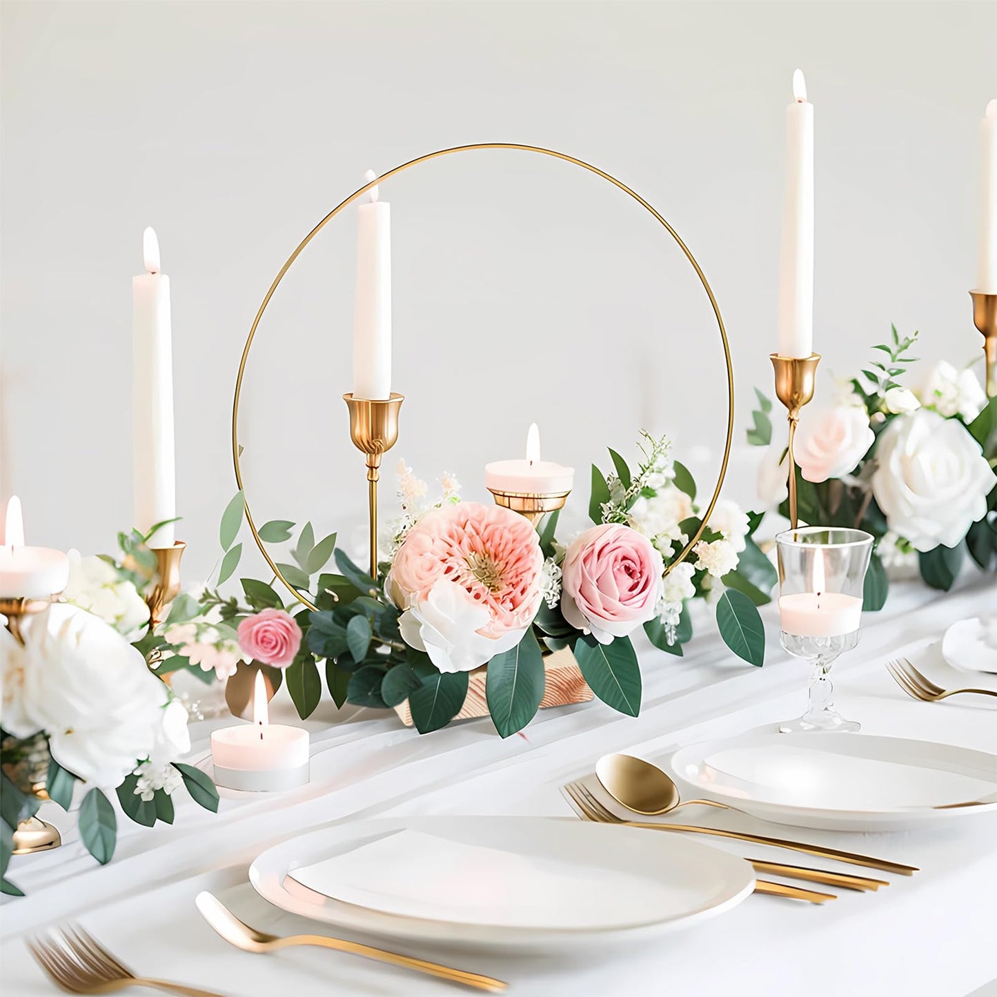 GUDELAK 12Pcs 12 Inch Floral Hoop Centerpiece Table Decorations, Metal Gold Center Pieces Decoration for Table with Wood Base, Table Centerpieces for DIY Wedding Decor Wall Hanging Crafts