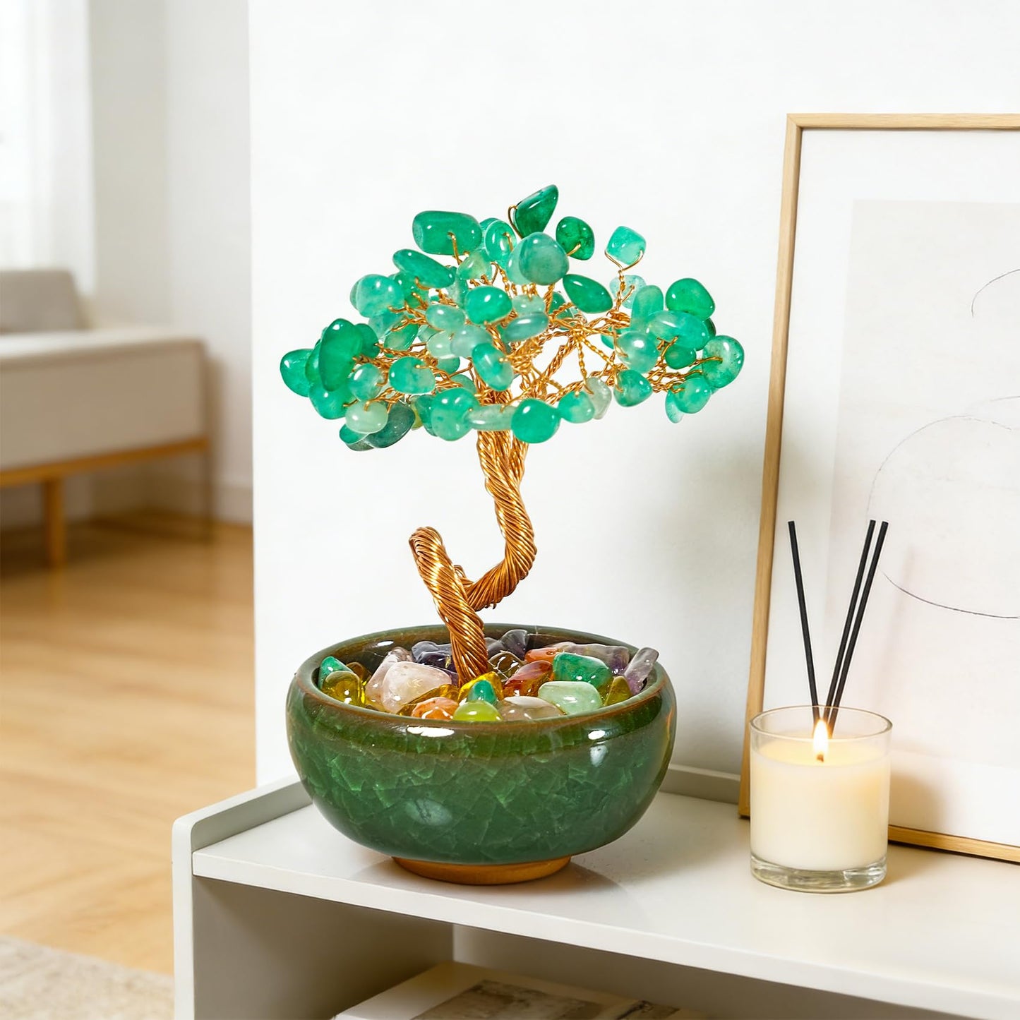 Green Aventurine Crystal Tree for Office Desk Home Room Decor, Crystal Tree of Life with Copper Wire, Ceramic Base, Meditation Gift for Women, Yoga, Birthday Gift