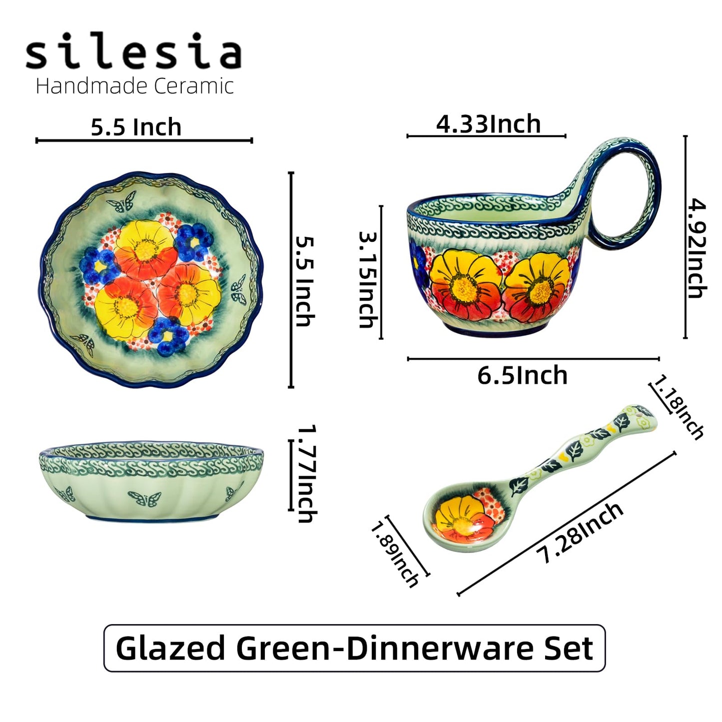 silesia Handmade Loop Handle Soup Bowl, Plate and Spoon Set Ceramic Hand Painted Cereal Bowl Great for Soup, Ice cream, Snack, Stew in Gift Box, Dishwasher & Microwave Safe, Glazed Green