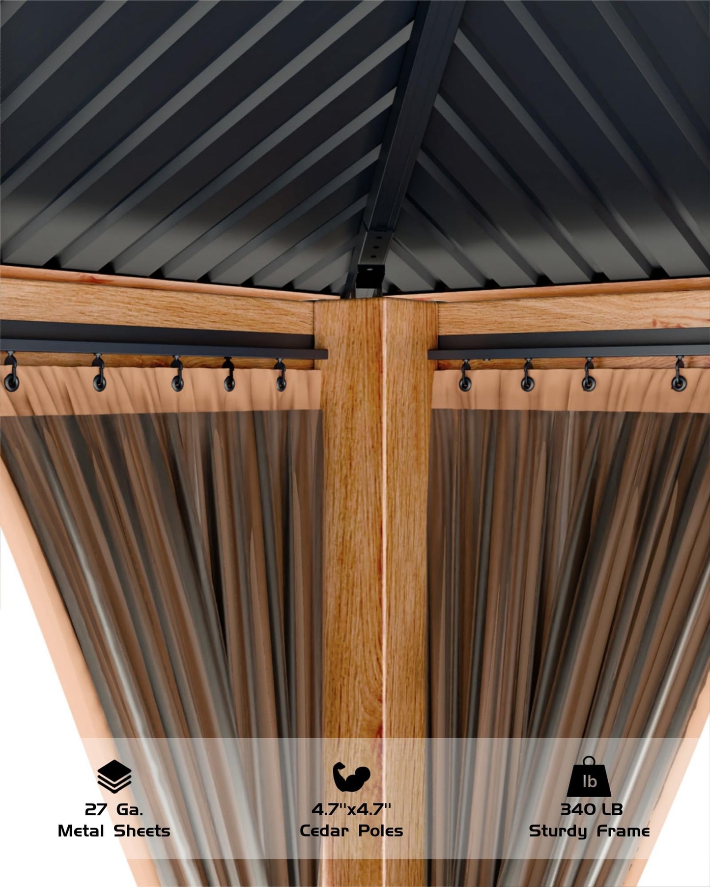GarveeLife Hard top Wood Gazebo 10 ft x12 ft for All Weather, with Double Metal Roof, Heavy Duty Wooden Frame, Net, and Curtain, Permanent Building for Patio, Deck, Backyard, Lawn, and Garden, Khaki