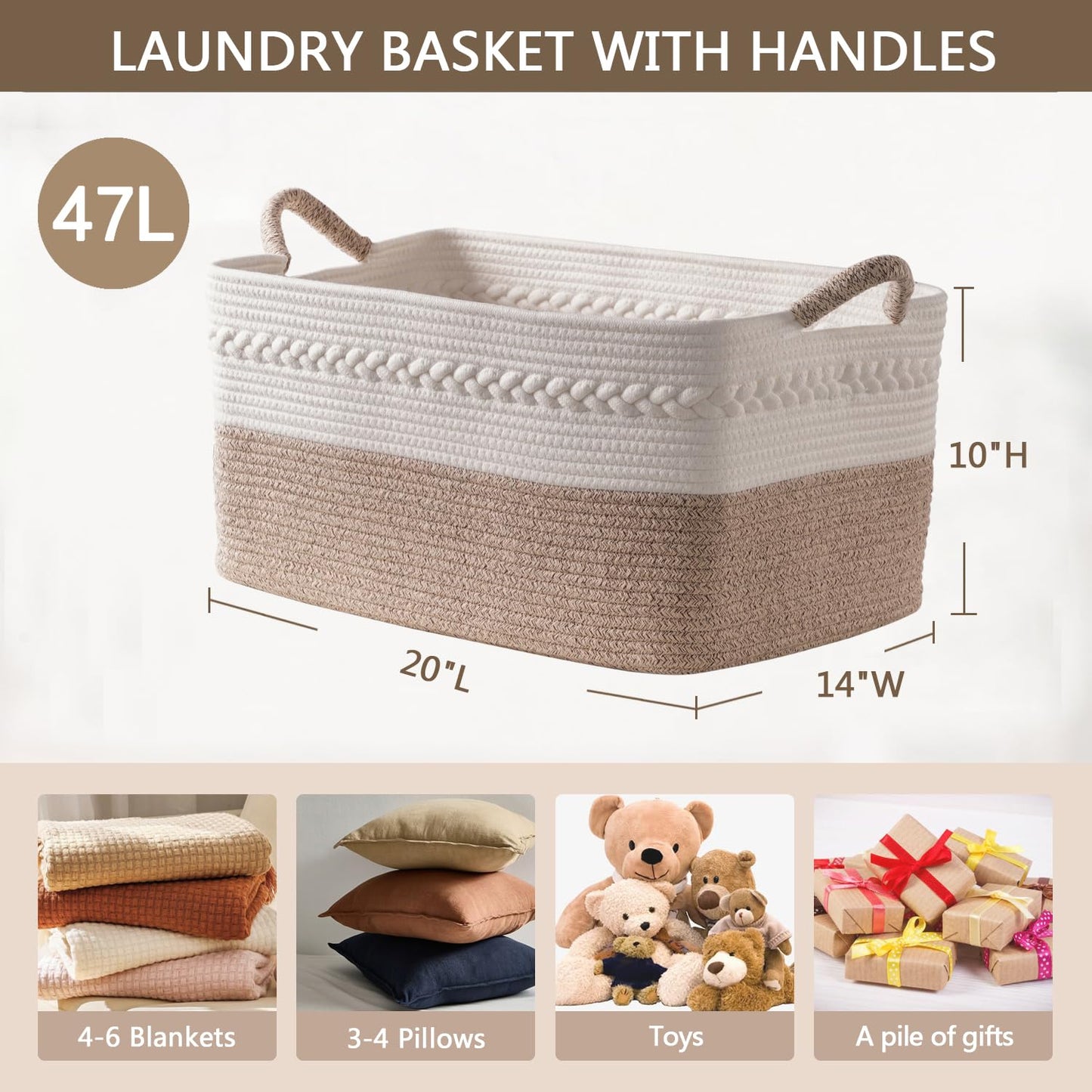 Decorative laundry basket with handles woven from natural cotton rope storage blankets for living room cute boho quilted gift baskets for clothes pillows toys 20"x14"x10",white/brown