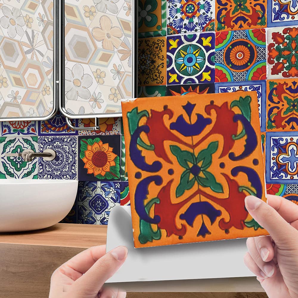 Tile Stickers Wall Decor Bathroom Kitchen Wall Sticker Waterproof PVC Decoration Stickers - 2D Sticker with Retro Design in Mosaic Style (Style-1, 4 x 4 Inch)
