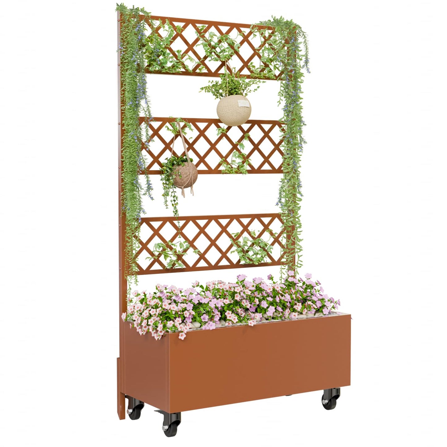 Kinchox Metal Raised Garden Bed with Trellis Outdoor Metal Planter Box with Planting Pockets Garden Box for Climbing Plants Privacy Planters for Patio
