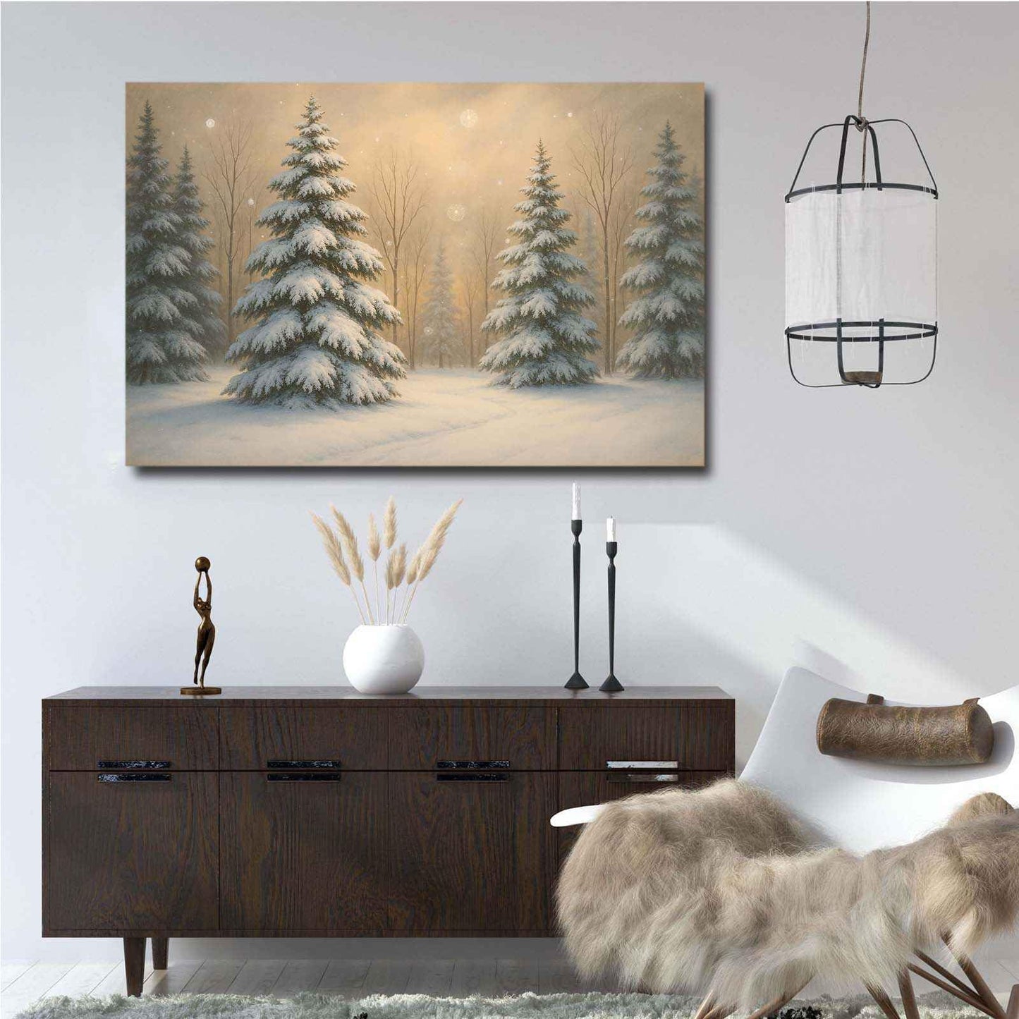 Framed Canvas Wall Art Vintage Winter Christmas Trees Landscape Poster Farmhouse Christmas Neutral Snowy Painting Holiday Evergreen Art 28x40in Wood Framed
