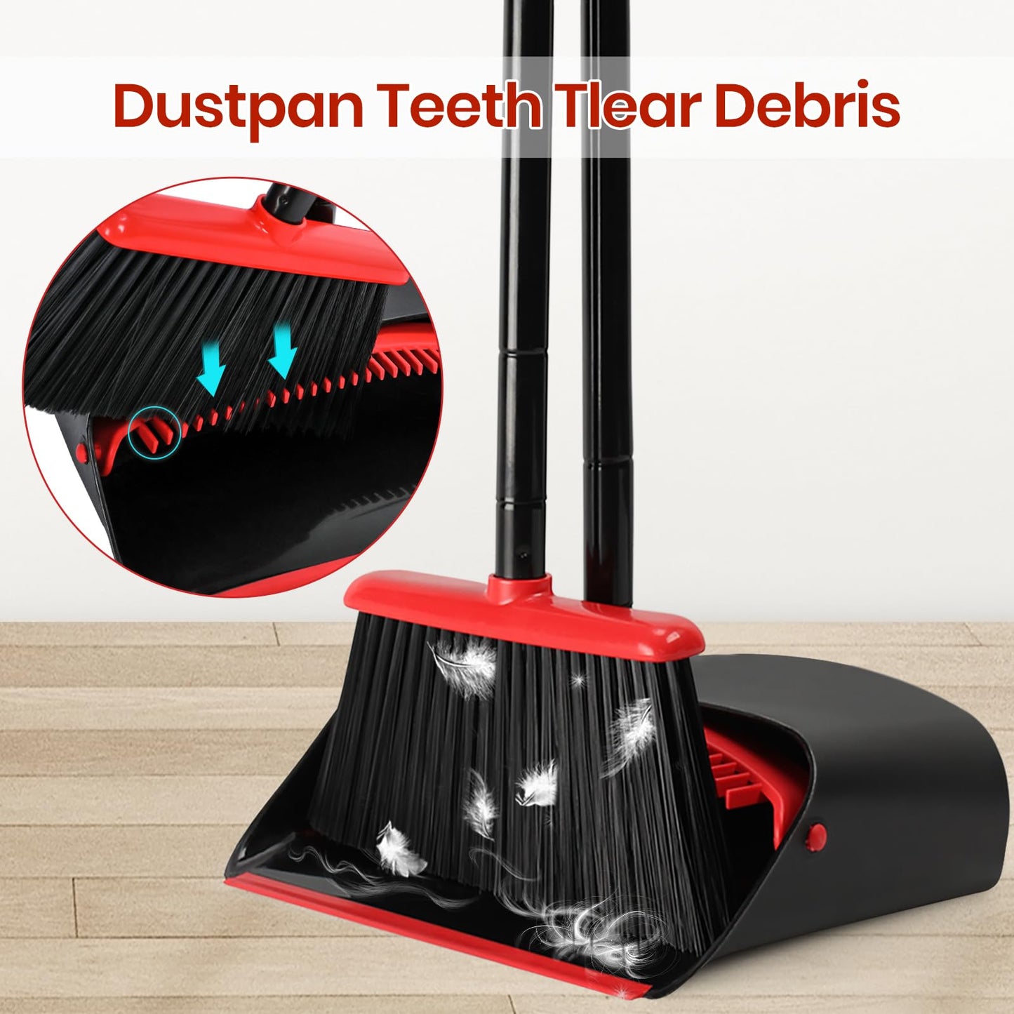 TreeLen Dust Pan and Broom/Dustpan Cleans Broom Combo with 52" Long Handle for Home Kitchen Room Office Lobby Floor Use Upright Stand Up Broom and Dustpan Set - Black/Red