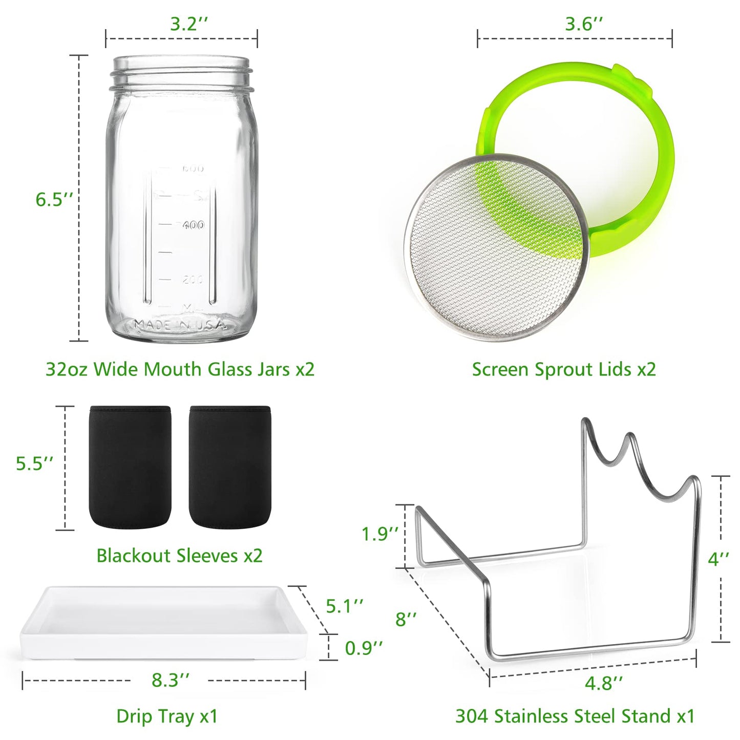 Kitmiido Seed Sprouting Kit, 2 Large Wide Mouth Mason Jars with Sprout Lids, Blackout Sleeves, Drain Tray, Stainless Steel Stand, Sprouts Growing Kit for Bean, Broccoli, Alfalfa (Yellow+Green)