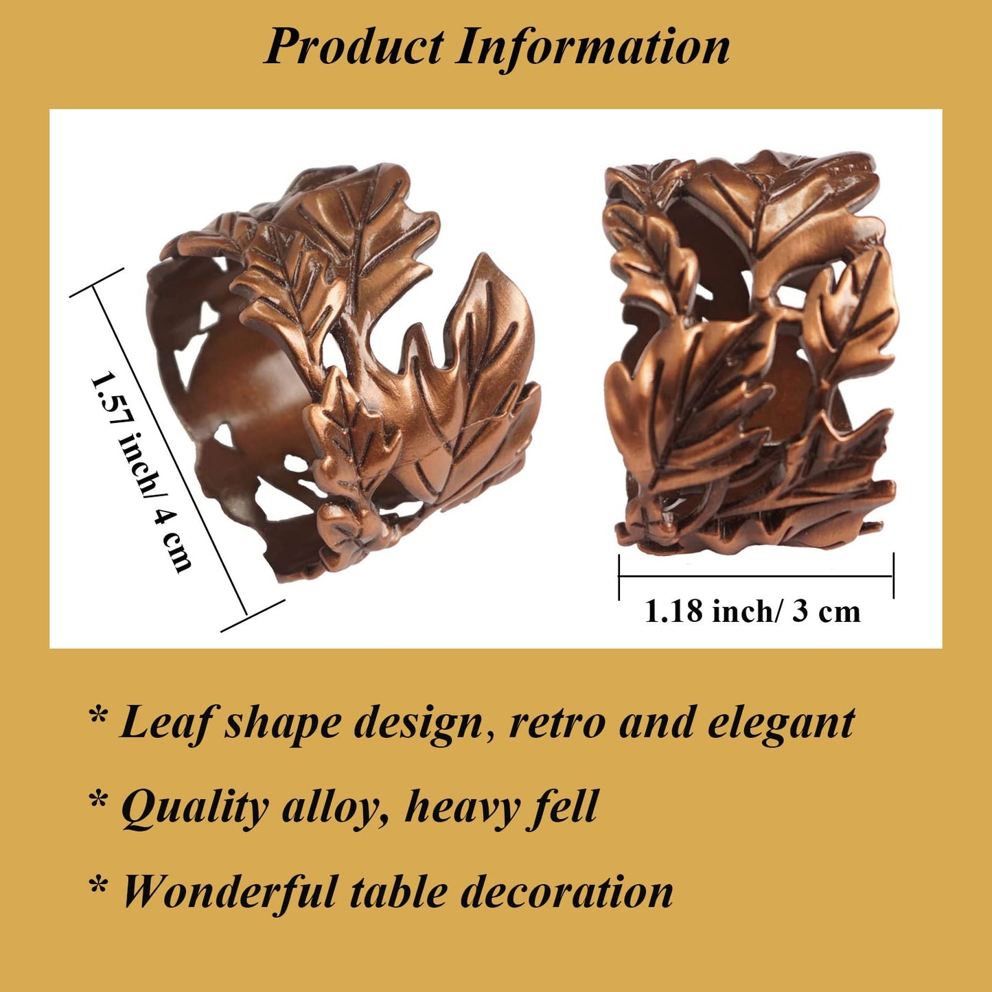 Utalek Leaf Shape Napkin Rings Set of 6, Bronze Napkin Rings Metal Napkin Ring Holders for Dinner Party, Wedding, Banquets,Thanksgiving, Holiday Table Settings