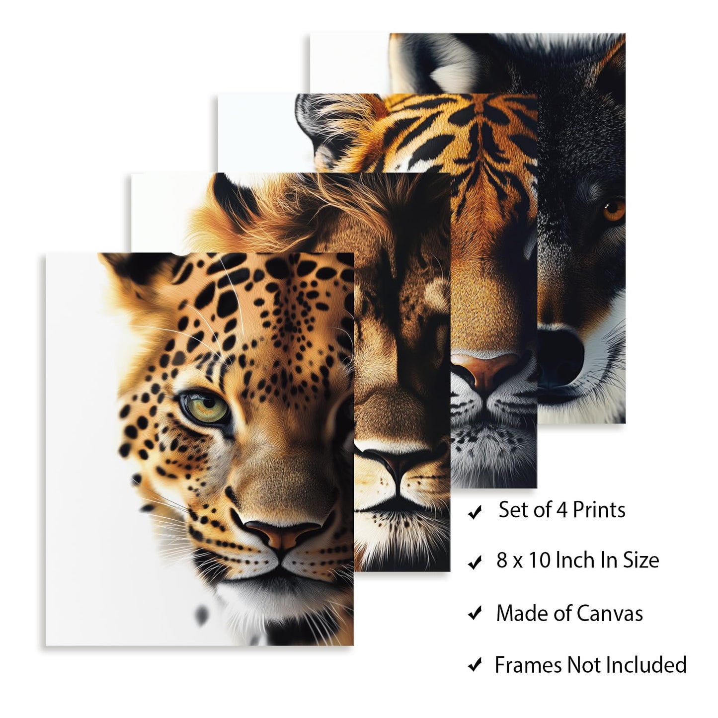 DOODLREAM 4 Pack Unframed Waterproof Animal's Face Decors Canvas Wall Art Tiger Lion Wolf's Head 8 x 10 Inch Canvas Wall Posters for Home Room Office Decoration Gift