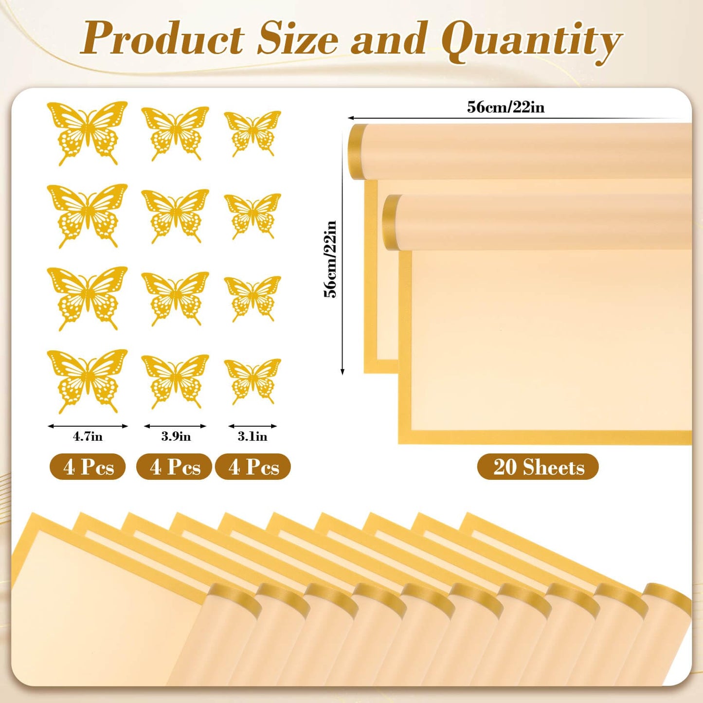 cridoz 20 Sheets Flower Bouquet Wrapping Paper with 12 Pieces Gold Butterfly Decorations for Flower Bouquets, Gift Wrapping(Champagne)