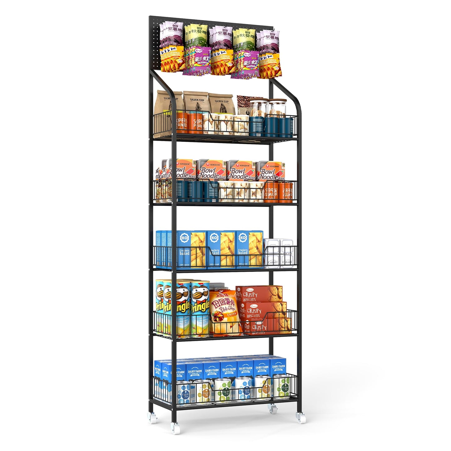 Qriocioa Retail Snack Display Stand,5-Tier Black Metal Storage Shelf Brackets with Wheels & Hooks,Metal Storage Shelves Heavy Duty, Retail Display Shelves Racks,Snack Organizer Stand Display Supplies