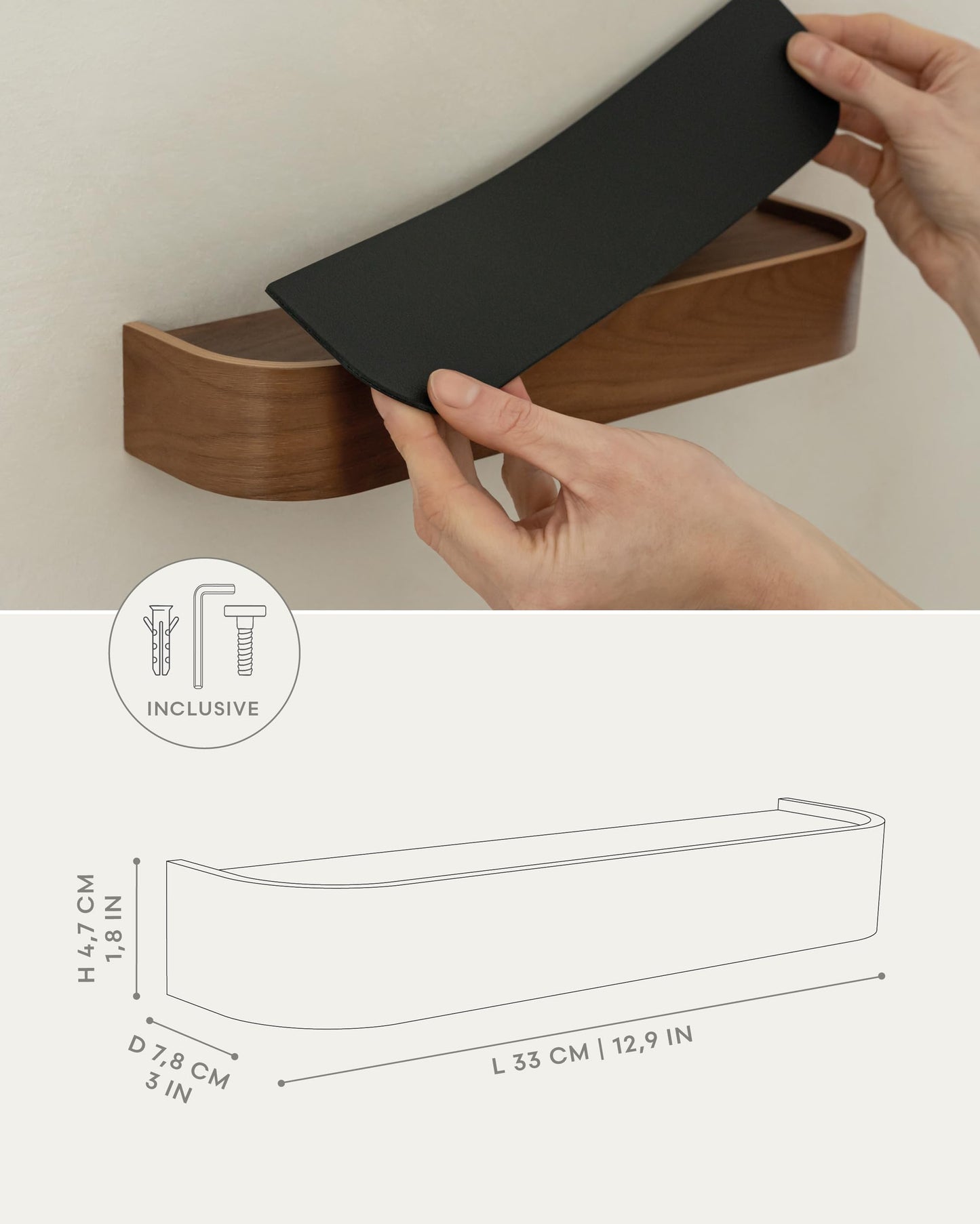 Kazai. Key Holder 'Toke' | Minimalist Key Hook Design from Berlin | Modern Key Holder Wall Mount with Wooden Shelf | Key Rack for Wall as Entryway Organizer | Walnut