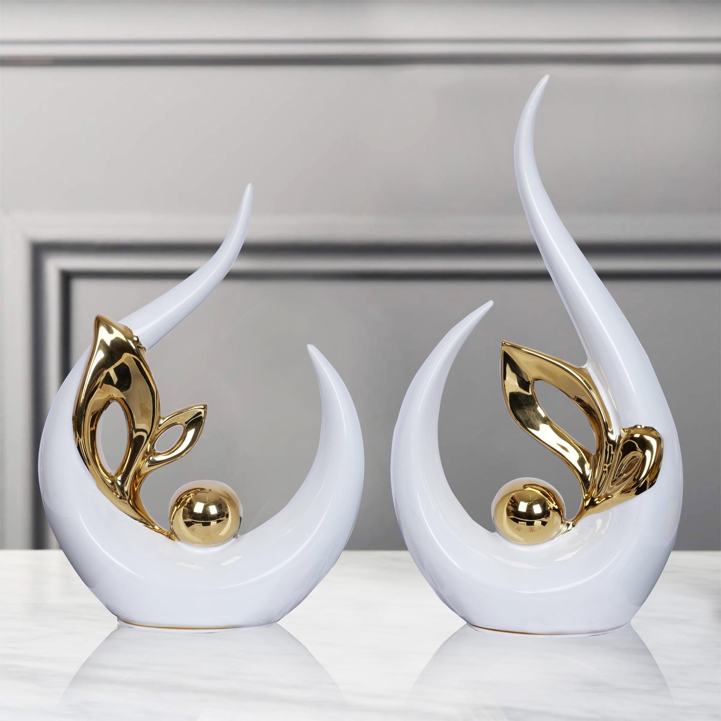 2 PCS White Gold Home Decor Accent Ceramic Statue Abstract Sculptures Centerpieces Mid Century Modern Decor for Tables Coffee Table top Decorations for Living Room Desktop Shelf Dining Room Kitchen
